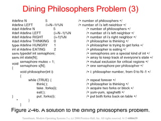Figure 2-46. A solution to the dining philosophers problem.
Dining Philosophers Problem (3)
Tanenbaum, Modern Operating Systems 3 e, (c) 2008 Prentice-Hall, Inc. All rights reserved. 0-13-6006639
. . .
 