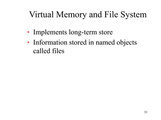 33
Virtual Memory and File System
• Implements long-term store
• Information stored in named objects
called files
 