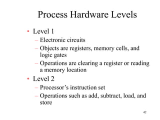 42
Process Hardware Levels
• Level 1
– Electronic circuits
– Objects are registers, memory cells, and
logic gates
– Operations are clearing a register or reading
a memory location
• Level 2
– Processor’s instruction set
– Operations such as add, subtract, load, and
store
 
