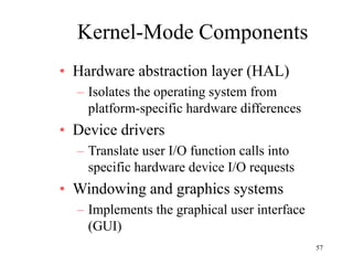 57
Kernel-Mode Components
• Hardware abstraction layer (HAL)
– Isolates the operating system from
platform-specific hardware differences
• Device drivers
– Translate user I/O function calls into
specific hardware device I/O requests
• Windowing and graphics systems
– Implements the graphical user interface
(GUI)
 