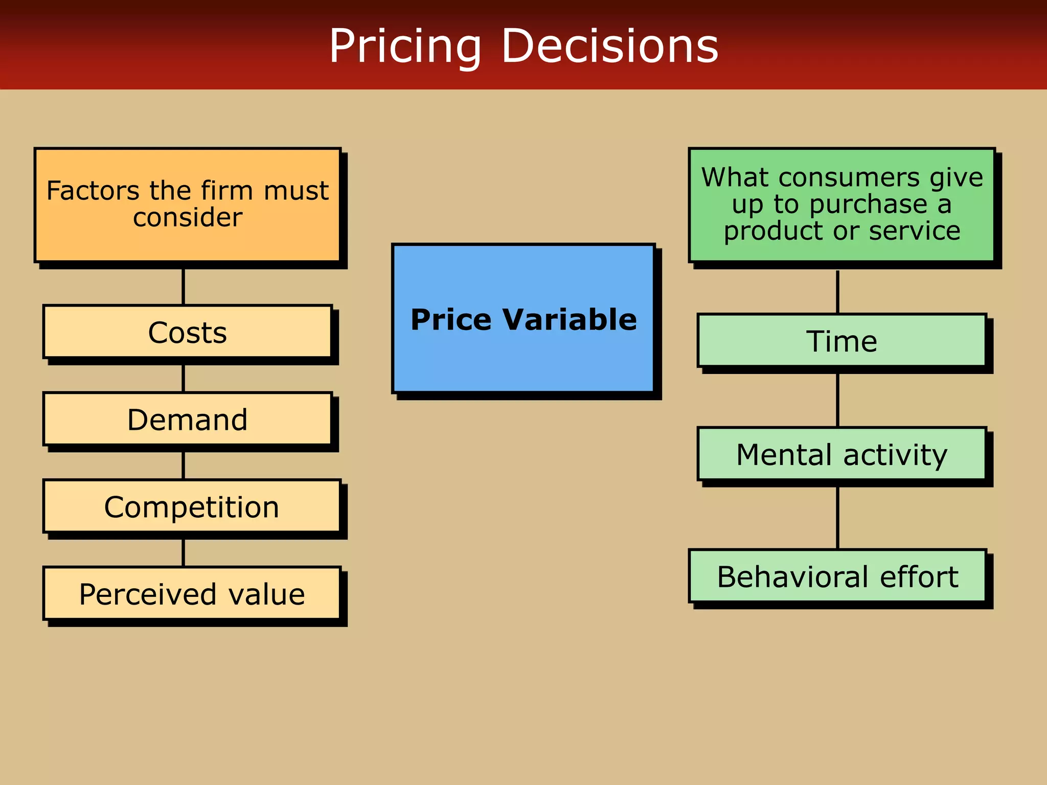 Pricing Decisions
What consumers give
up to purchase a
product or service
Time
Price Variable
Mental activity
Behavioral effort
Factors the firm must
consider
Costs
Demand
Competition
Perceived value
 