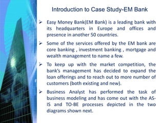 Introduction to Case Study-EM Bank
 Easy Money Bank(EM Bank) is a leading bank with
its headquarters in Europe and offices and
presence in another 50 countries.
 Some of the services offered by the EM bank are
core banking , investment banking , mortgage and
wealth management to name a few.
 To keep up with the market competition, the
bank’s management has decided to expand the
loan offerings and to reach out to more number of
customers (both existing and new).
 Business Analyst has performed the task of
business modeling and has come out with the AS-
IS and TO-BE processes depicted in the two
diagrams shown next.
 