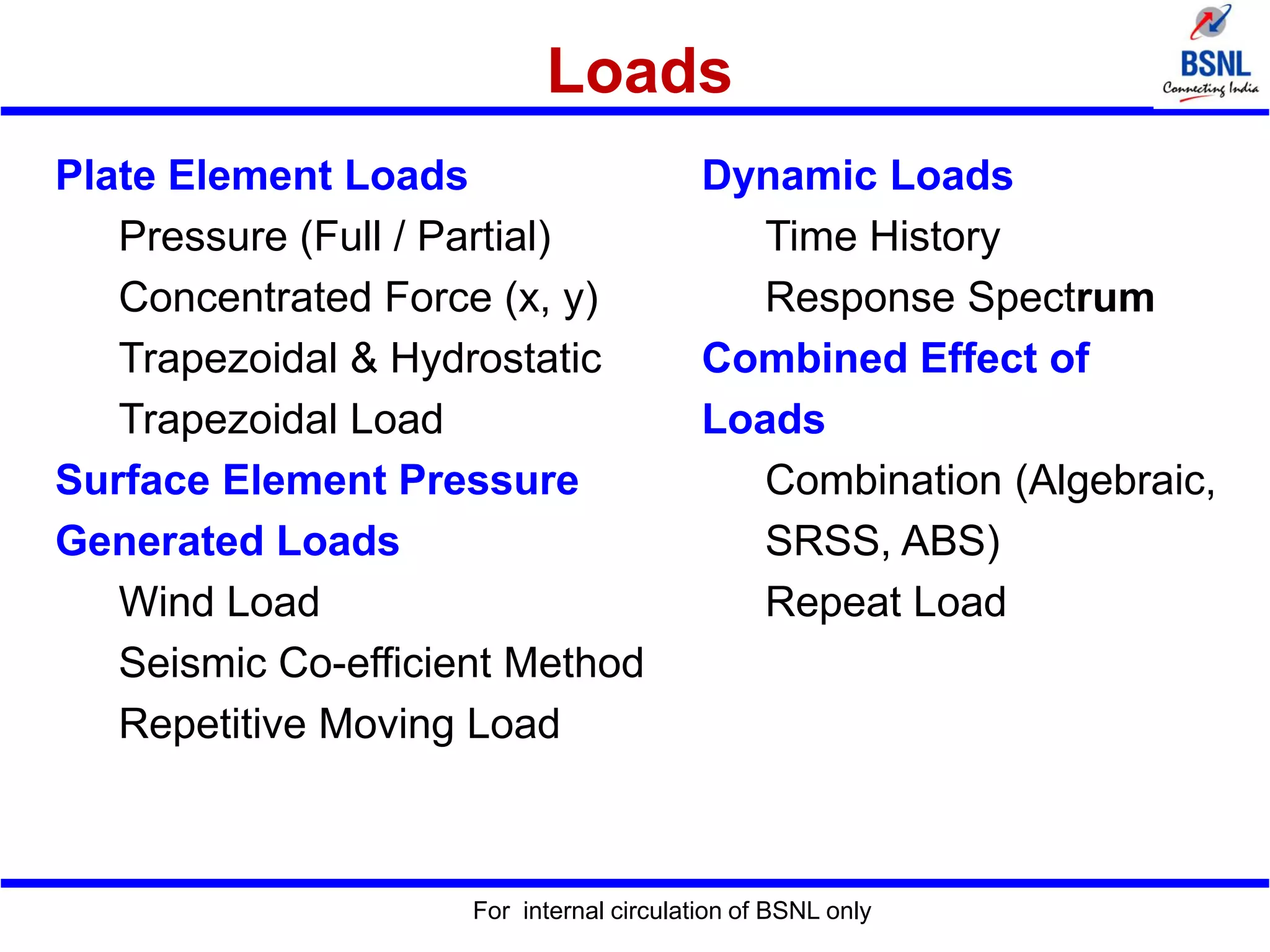 Loads
Plate Element Loads
Pressure (Full / Partial)
Concentrated Force (x, y)
Trapezoidal & Hydrostatic
Trapezoidal Load
Surface Element Pressure
Generated Loads
Wind Load
Seismic Co-efficient Method
Repetitive Moving Load
Dynamic Loads
Time History
Response Spectrum
Combined Effect of
Loads
Combination (Algebraic,
SRSS, ABS)
Repeat Load
For internal circulation of BSNL only
 