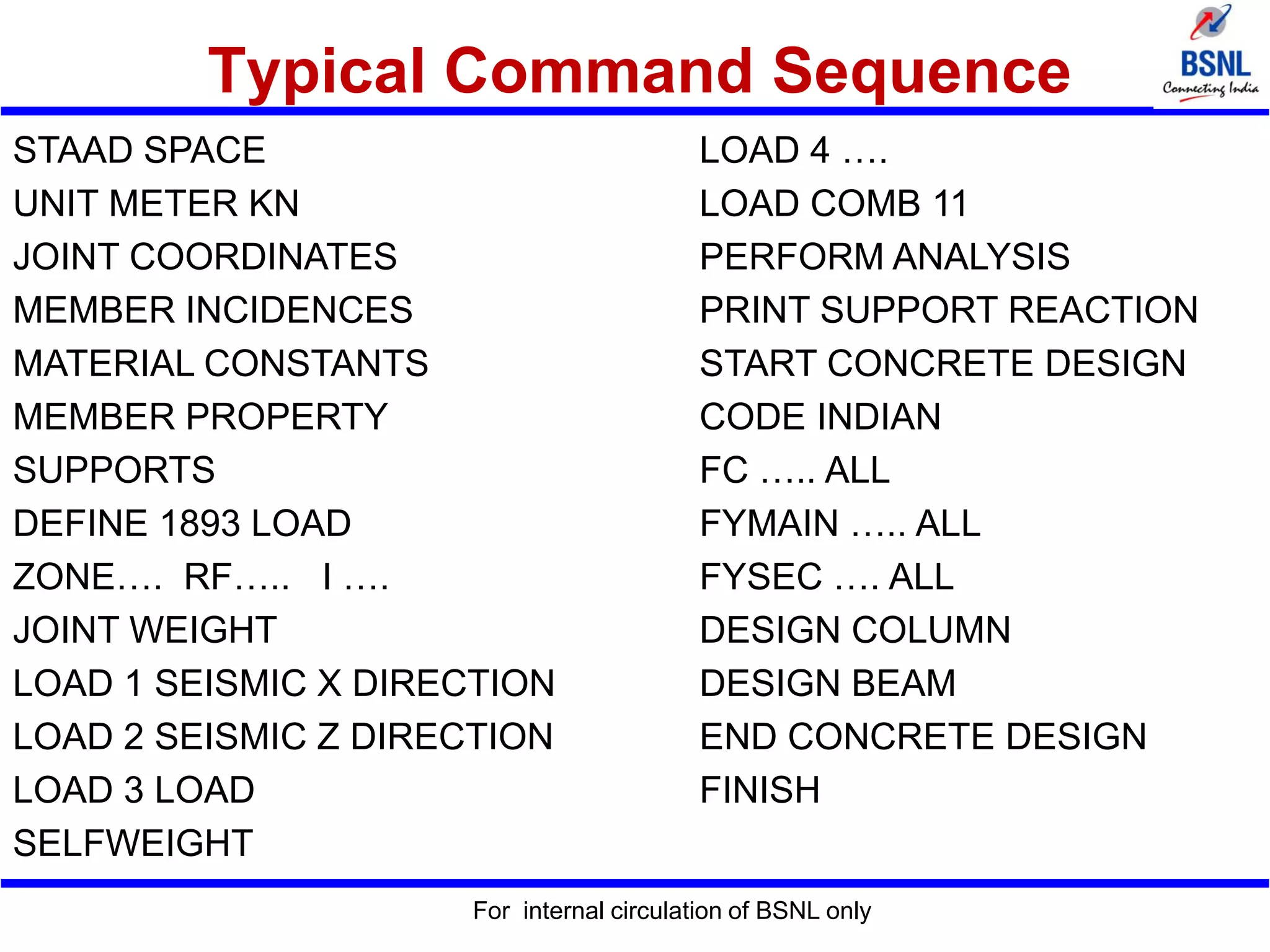 Typical Command Sequence
STAAD SPACE
UNIT METER KN
JOINT COORDINATES
MEMBER INCIDENCES
MATERIAL CONSTANTS
MEMBER PROPERTY
SUPPORTS
DEFINE 1893 LOAD
ZONE…. RF….. I ….
JOINT WEIGHT
LOAD 1 SEISMIC X DIRECTION
LOAD 2 SEISMIC Z DIRECTION
LOAD 3 LOAD
SELFWEIGHT
LOAD 4 ….
LOAD COMB 11
PERFORM ANALYSIS
PRINT SUPPORT REACTION
START CONCRETE DESIGN
CODE INDIAN
FC ….. ALL
FYMAIN ….. ALL
FYSEC …. ALL
DESIGN COLUMN
DESIGN BEAM
END CONCRETE DESIGN
FINISH
For internal circulation of BSNL only
 