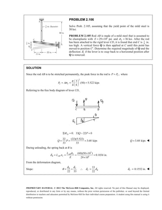 PROPRIETARY MATERIAL. © 2012 The McGraw-Hill Companies, Inc. All rights reserved. No part of this Manual may be displayed,
reproduced, or distributed in any form or by any means, without the prior written permission of the publisher, or used beyond the limited
distribution to teachers and educators permitted by McGraw-Hill for their individual course preparation. A student using this manual is using it
without permission.
PROBLEM 2.106
Solve Prob. 2.105, assuming that the yield point of the mild steel is
50 ksi.
PROBLEM 2.105 Rod AB is made of a mild steel that is assumed to
be elastoplastic with 6
29 10 psi
E = × and 36 ksi.
Y
σ = After the rod
has been attached to the rigid lever CD, it is found that end C is 3
8
in.
too high. A vertical force Q is then applied at C until this point has
moved to position C′. Determine the required magnitude of Q and the
deflection 1
δ if the lever is to snap back to a horizontal position after
Q is removed.
SOLUTION
Since the rod AB is to be stretched permanently, the peak force in the rod is ,
Y
P P
= where
2
3
(50) 5.522 kips
4 8
Y Y
P A
π
σ
 
= = =
 
 
Referring to the free body diagram of lever CD,
0: 33 22 0
D
M Q P
Σ = − =
22 (22)(5.522)
3.68 kips
33 33
= = =
Q P 3.68 kips
=
Q 
During unloading, the spring back at B is
3
6
(60)(50 10 )
0.1034 in.
29 10
σ
δ ε
×
= = = =
×
AB Y
B AB Y
L
L
E
From the deformation diagram,
Slope:
33
22 33 22
C
B
C B
δ
δ
θ δ δ
= = ∴ = 0.1552 in.
δ =
C 
 