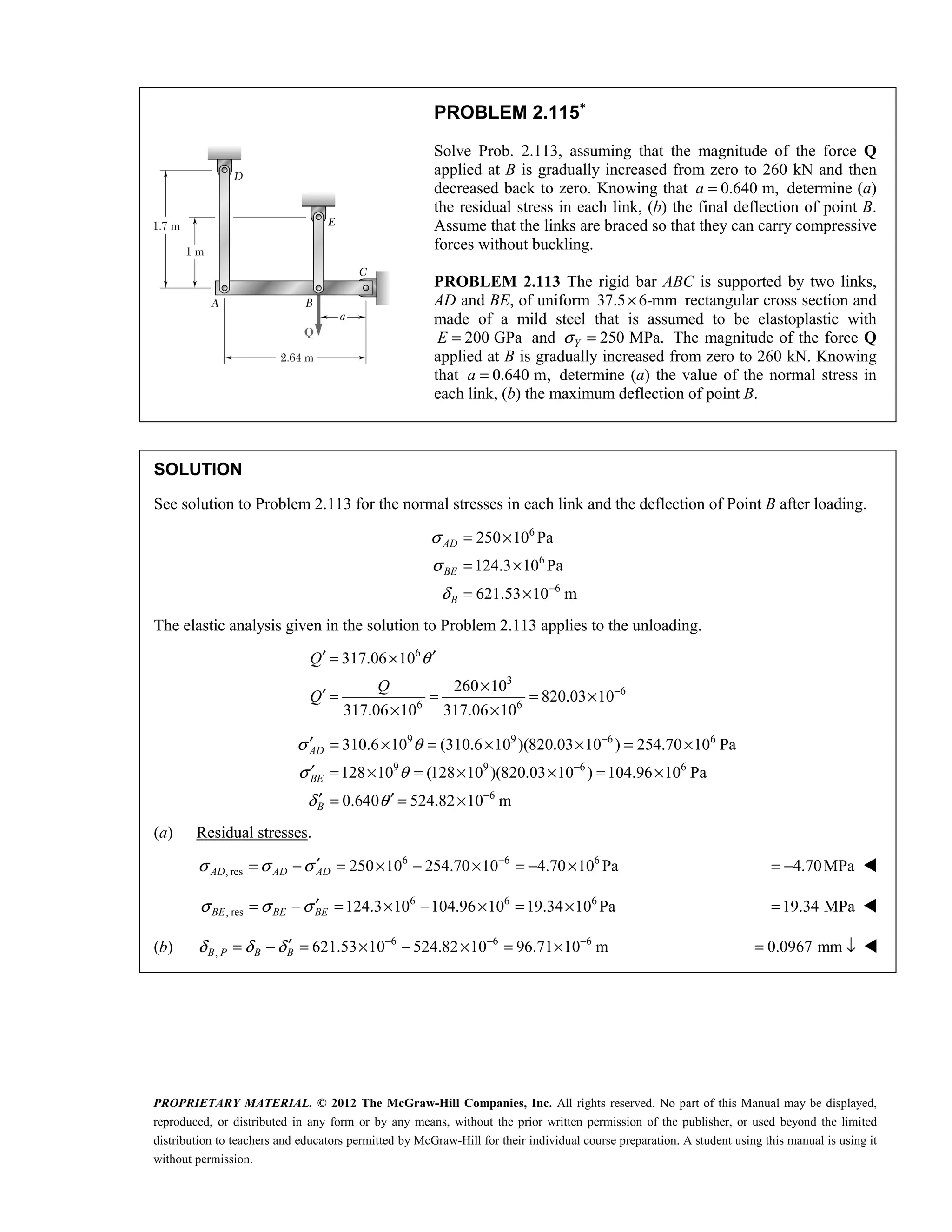 PROPRIETARY MATERIAL. © 2012 The McGraw-Hill Companies, Inc. All rights reserved. No part of this Manual may be displayed,
reproduced, or distributed in any form or by any means, without the prior written permission of the publisher, or used beyond the limited
distribution to teachers and educators permitted by McGraw-Hill for their individual course preparation. A student using this manual is using it
without permission.
PROBLEM 2.115∗
Solve Prob. 2.113, assuming that the magnitude of the force Q
applied at B is gradually increased from zero to 260 kN and then
decreased back to zero. Knowing that 0.640 m,
a = determine (a)
the residual stress in each link, (b) the final deflection of point B.
Assume that the links are braced so that they can carry compressive
forces without buckling.
PROBLEM 2.113 The rigid bar ABC is supported by two links,
AD and BE, of uniform 37.5 6-mm
× rectangular cross section and
made of a mild steel that is assumed to be elastoplastic with
200 GPa
E = and 250 MPa.
Y
σ = The magnitude of the force Q
applied at B is gradually increased from zero to 260 kN. Knowing
that 0.640 m,
a = determine (a) the value of the normal stress in
each link, (b) the maximum deflection of point B.
SOLUTION
See solution to Problem 2.113 for the normal stresses in each link and the deflection of Point B after loading.
6
6
6
250 10 Pa
124.3 10 Pa
621.53 10 m
AD
BE
B
σ
σ
δ −
= ×
= ×
= ×
The elastic analysis given in the solution to Problem 2.113 applies to the unloading.
6
3
6
6 6
317.06 10
260 10
820.03 10
317.06 10 317.06 10
Q
Q
Q
θ
−
′ ′
= ×
×
′ = = = ×
× ×
9 9 6 6
9 9 6 6
6
310.6 10 (310.6 10 )(820.03 10 ) 254.70 10 Pa
128 10 (128 10 )(820.03 10 ) 104.96 10 Pa
0.640 524.82 10 m
AD
BE
B
σ θ
σ θ
δ θ
−
−
−
′ = × = × × = ×
′ = × = × × = ×
′ ′
= = ×
(a) Residual stresses.
6 6 6
, res 250 10 254.70 10 4.70 10 Pa
σ σ σ −
′
= − = × − × = − ×
AD AD AD 4.70MPa
= − 
6 6 6
, res 124.3 10 104.96 10 19.34 10 Pa
σ σ σ ′
= − = × − × = ×
BE BE BE 19.34 MPa
= 
(b) 6 6 6
, 621.53 10 524.82 10 96.71 10 m
δ δ δ − − −
′
= − = × − × = ×
B P B B 0.0967 mm
= ↓ 
 