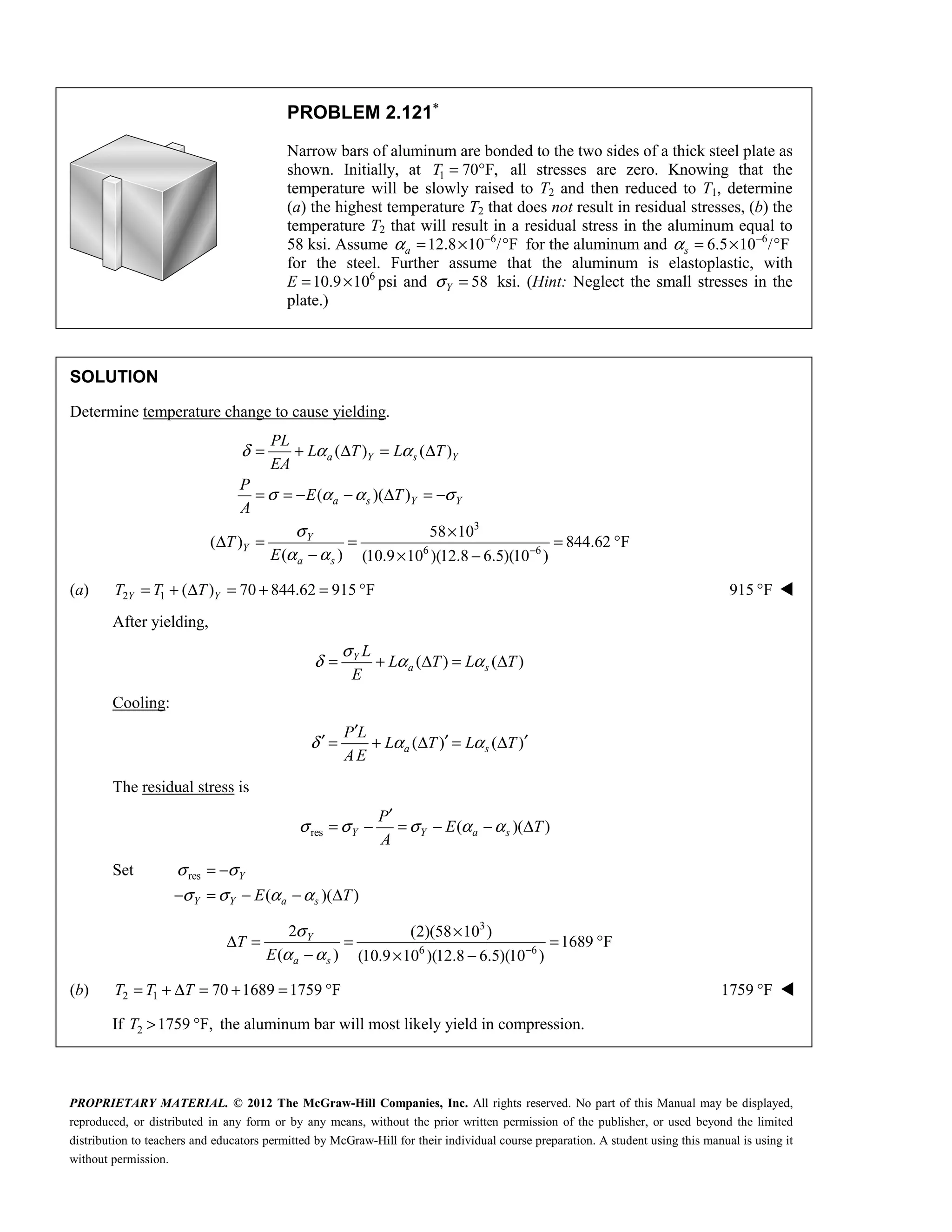PROPRIETARY MATERIAL. © 2012 The McGraw-Hill Companies, Inc. All rights reserved. No part of this Manual may be displayed,
reproduced, or distributed in any form or by any means, without the prior written permission of the publisher, or used beyond the limited
distribution to teachers and educators permitted by McGraw-Hill for their individual course preparation. A student using this manual is using it
without permission.
PROBLEM 2.121∗
Narrow bars of aluminum are bonded to the two sides of a thick steel plate as
shown. Initially, at 1 70 F,
T = ° all stresses are zero. Knowing that the
temperature will be slowly raised to T2 and then reduced to T1, determine
(a) the highest temperature T2 that does not result in residual stresses, (b) the
temperature T2 that will result in a residual stress in the aluminum equal to
58 ksi. Assume 6
12.8 10 / F
α −
= × °
a for the aluminum and 6
6.5 10 / F
α −
= × °
s
for the steel. Further assume that the aluminum is elastoplastic, with
E 6
10.9 10
= × psi and 58
Y
σ = ksi. (Hint: Neglect the small stresses in the
plate.)
SOLUTION
Determine temperature change to cause yielding.
3
6 6
( ) ( )
( )( )
58 10
( ) 844.62 F
( ) (10.9 10 )(12.8 6.5)(10 )
a Y s Y
a s Y Y
Y
Y
a s
PL
L T L T
EA
P
E T
A
T
E
δ α α
σ α α σ
σ
α α −
= + Δ = Δ
= = − − Δ = −
×
Δ = = = °
− × −
(a) 2 1 ( ) 70 844.62 915 F
= + Δ = + = °
Y Y
T T T 915 F
° 
After yielding,
( ) ( )
Y
a s
L
L T L T
E
σ
δ α α
= + Δ = Δ
Cooling:
( ) ( )
a s
P L
L T L T
AE
δ α α
′
′ ′ ′
= + Δ = Δ
The residual stress is
res ( )( )
Y Y a s
P
E T
A
σ σ σ α α
′
= − = − − Δ
Set res
( )( )
Y
Y Y a s
E T
σ σ
σ σ α α
= −
− = − − Δ
3
6 6
2 (2)(58 10 )
1689 F
( ) (10.9 10 )(12.8 6.5)(10 )
σ
α α −
×
Δ = = = °
− × −
Y
a s
T
E
(b) 2 1 70 1689 1759 F
= + Δ = + = °
T T T 1759 F
° 
If 2 1759 F,
T > ° the aluminum bar will most likely yield in compression.
 