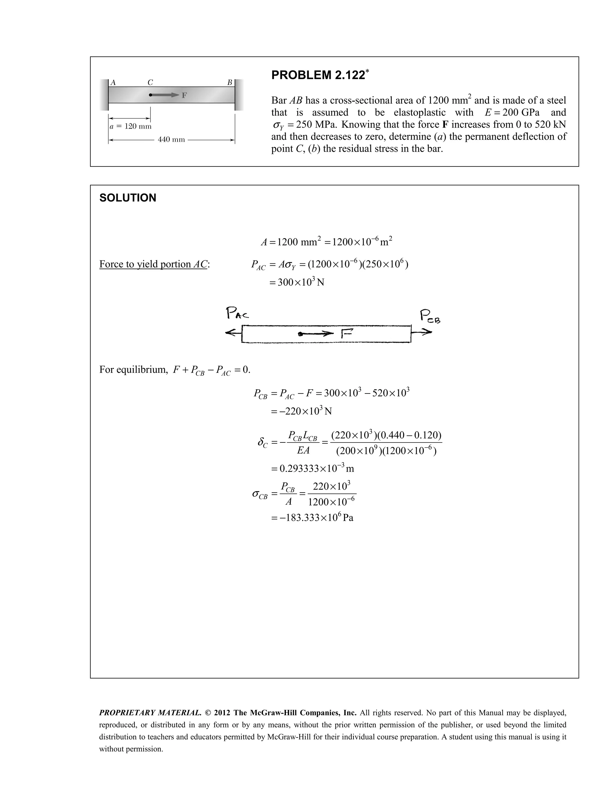 PROPRIETARY MATERIAL. © 2012 The McGraw-Hill Companies, Inc. All rights reserved. No part of this Manual may be displayed,
reproduced, or distributed in any form or by any means, without the prior written permission of the publisher, or used beyond the limited
distribution to teachers and educators permitted by McGraw-Hill for their individual course preparation. A student using this manual is using it
without permission.
PROBLEM 2.122∗
Bar AB has a cross-sectional area of 1200 mm2
and is made of a steel
that is assumed to be elastoplastic with 200 GPa
E = and
250 MPa.
Y
σ = Knowing that the force F increases from 0 to 520 kN
and then decreases to zero, determine (a) the permanent deflection of
point C, (b) the residual stress in the bar.
SOLUTION
2 6 2
1200 mm 1200 10 m
A −
= = ×
Force to yield portion AC: 6 6
3
(1200 10 )(250 10 )
300 10 N
AC Y
P Aσ −
= = × ×
= ×
For equilibrium, 0.
+ − =
CB AC
F P P
3 3
3
300 10 520 10
220 10 N
= − = × − ×
= − ×
CB AC
P P F
3
9 6
3
3
6
6
(220 10 )(0.440 0.120)
(200 10 )(1200 10 )
0.293333 10 m
220 10
1200 10
183.333 10 Pa
δ
σ
−
−
−
× −
= − =
× ×
= ×
×
= =
×
= − ×
CB CB
C
CB
CB
P L
EA
P
A
 