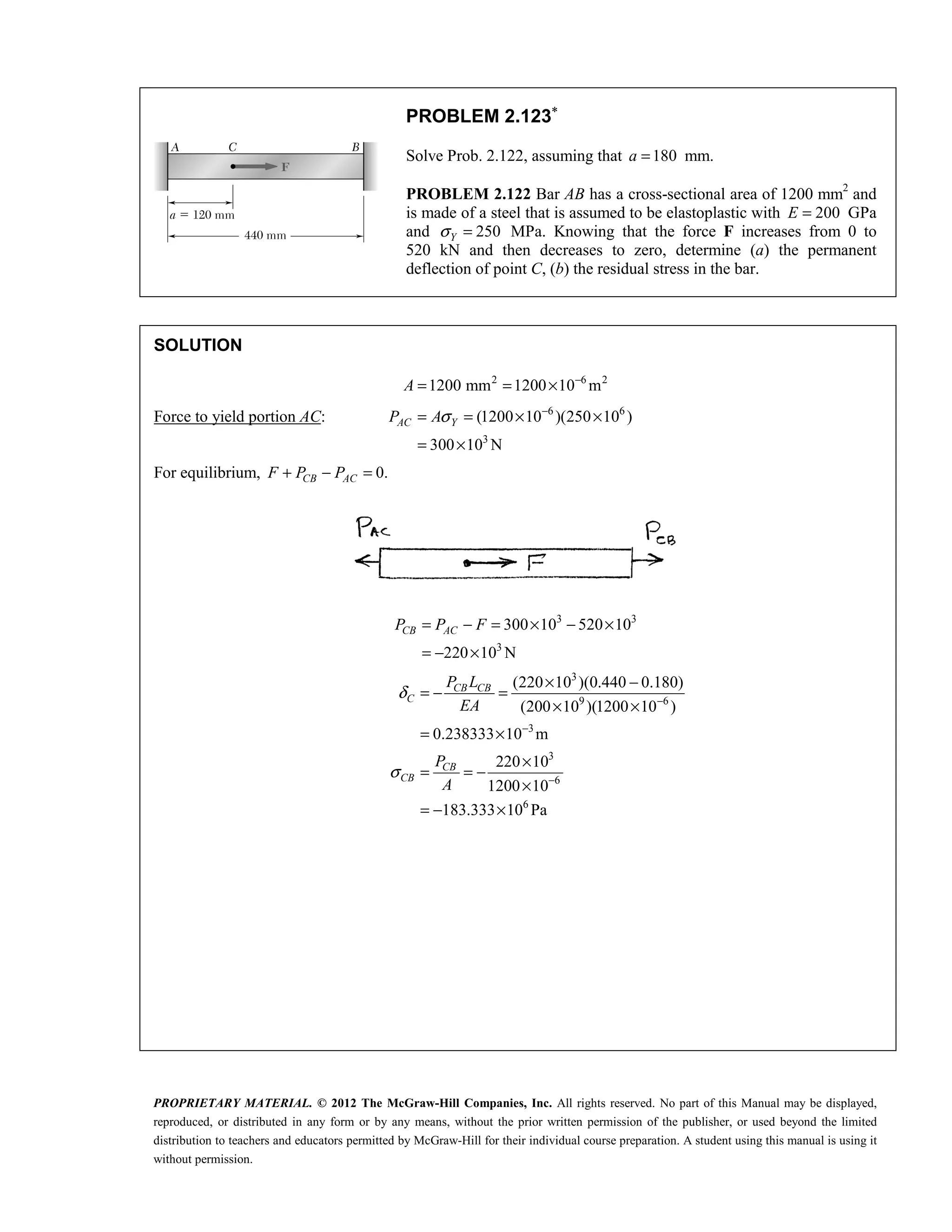 PROPRIETARY MATERIAL. © 2012 The McGraw-Hill Companies, Inc. All rights reserved. No part of this Manual may be displayed,
reproduced, or distributed in any form or by any means, without the prior written permission of the publisher, or used beyond the limited
distribution to teachers and educators permitted by McGraw-Hill for their individual course preparation. A student using this manual is using it
without permission.
PROBLEM 2.123∗
Solve Prob. 2.122, assuming that 180
a = mm.
PROBLEM 2.122 Bar AB has a cross-sectional area of 1200 mm2
and
is made of a steel that is assumed to be elastoplastic with 200
E = GPa
and 250
Y
σ = MPa. Knowing that the force F increases from 0 to
520 kN and then decreases to zero, determine (a) the permanent
deflection of point C, (b) the residual stress in the bar.
SOLUTION
2 6 2
1200 mm 1200 10 m
A −
= = ×
Force to yield portion AC: 6 6
3
(1200 10 )(250 10 )
300 10 N
AC Y
P Aσ −
= = × ×
= ×
For equilibrium, 0.
+ − =
CB AC
F P P
3 3
3
300 10 520 10
220 10 N
CB AC
P P F
= − = × − ×
= − ×
3
9 6
3
3
6
6
(220 10 )(0.440 0.180)
(200 10 )(1200 10 )
0.238333 10 m
220 10
1200 10
183.333 10 Pa
δ
σ
−
−
−
× −
= − =
× ×
= ×
×
= = −
×
= − ×
CB CB
C
CB
CB
P L
EA
P
A
 