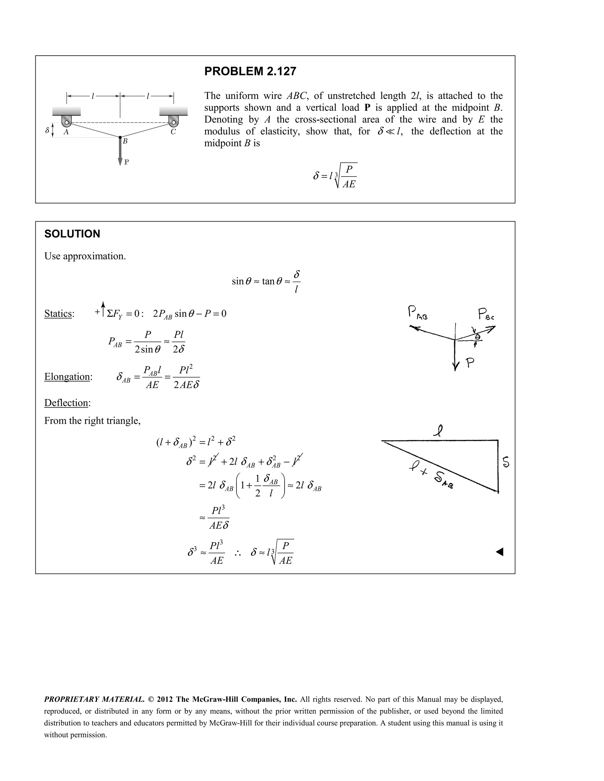 PROPRIETARY MATERIAL. © 2012 The McGraw-Hill Companies, Inc. All rights reserved. No part of this Manual may be displayed,
reproduced, or distributed in any form or by any means, without the prior written permission of the publisher, or used beyond the limited
distribution to teachers and educators permitted by McGraw-Hill for their individual course preparation. A student using this manual is using it
without permission.
PROBLEM 2.127
The uniform wire ABC, of unstretched length 2l, is attached to the
supports shown and a vertical load P is applied at the midpoint B.
Denoting by A the cross-sectional area of the wire and by E the
modulus of elasticity, show that, for ,
l
δ  the deflection at the
midpoint B is
3
δ =
P
l
AE
SOLUTION
Use approximation.
sin tan
l
δ
θ θ
≈ ≈
Statics: 0 : 2 sin 0
θ
Σ = − =
Y AB
F P P
2sin 2
θ δ
= ≈
AB
P Pl
P
Elongation:
2
2
AB
AB
P l Pl
AE AE
δ
δ
= =
Deflection:
From the right triangle,
2 2 2
2 2
( )
AB
l l
l
δ δ
δ
+ = +
= 2 2
2 AB AB
l l
δ δ
+ + −
3
1
2 1 2
2
AB
AB AB
l l
l
Pl
AE
δ
δ δ
δ
 
= + ≈
 
 
≈
3
3 3
Pl P
l
AE AE
δ δ
≈ ∴ ≈ 
 