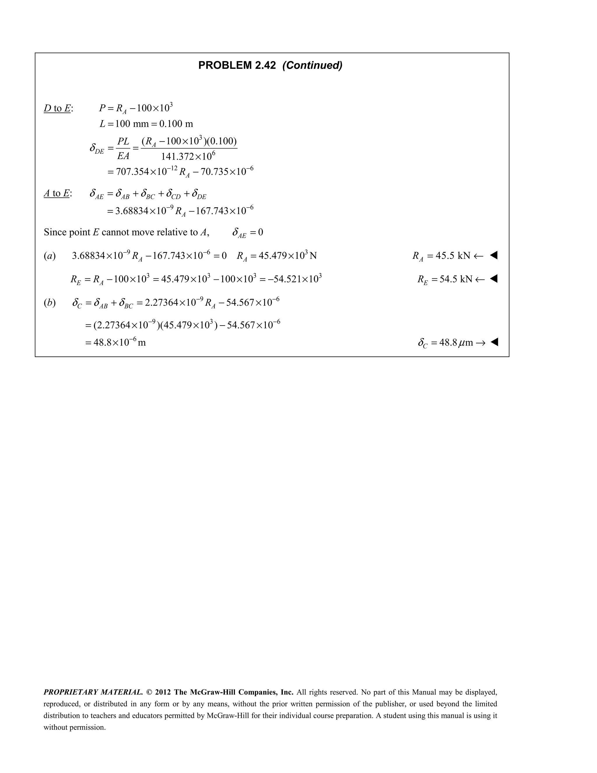 PROPRIETARY MATERIAL. © 2012 The McGraw-Hill Companies, Inc. All rights reserved. No part of this Manual may be displayed,
reproduced, or distributed in any form or by any means, without the prior written permission of the publisher, or used beyond the limited
distribution to teachers and educators permitted by McGraw-Hill for their individual course preparation. A student using this manual is using it
without permission.
PROBLEM 2.42 (Continued)
D to E: 3
3
6
12 6
100 10
100 mm 0.100 m
( 100 10 )(0.100)
141.372 10
707.354 10 70.735 10
A
A
DE
A
P R
L
R
PL
EA
R
δ
− −
= − ×
= =
− ×
= =
×
= × − ×
A to E:
9 6
3.68834 10 167.743 10
AE AB BC CD DE
A
R
δ δ δ δ δ
− −
= + + +
= × − ×
Since point E cannot move relative to A, 0
AE
δ =
(a) 9 6 3
3.68834 10 167.743 10 0 45.479 10 N
A A
R R
− −
× − × = = × 45.5 kN
= ←
A
R 
3 3 3 3
100 10 45.479 10 100 10 54.521 10
E A
R R
= − × = × − × = − × 54.5 kN
= ←
E
R 
(b) 9 6
2.27364 10 54.567 10
C AB BC A
R
δ δ δ − −
= + = × − ×
9 3 6
6
(2.27364 10 )(45.479 10 ) 54.567 10
48.8 10 m
− −
−
= × × − ×
= × 48.8 m
C
δ μ
= → 
 
