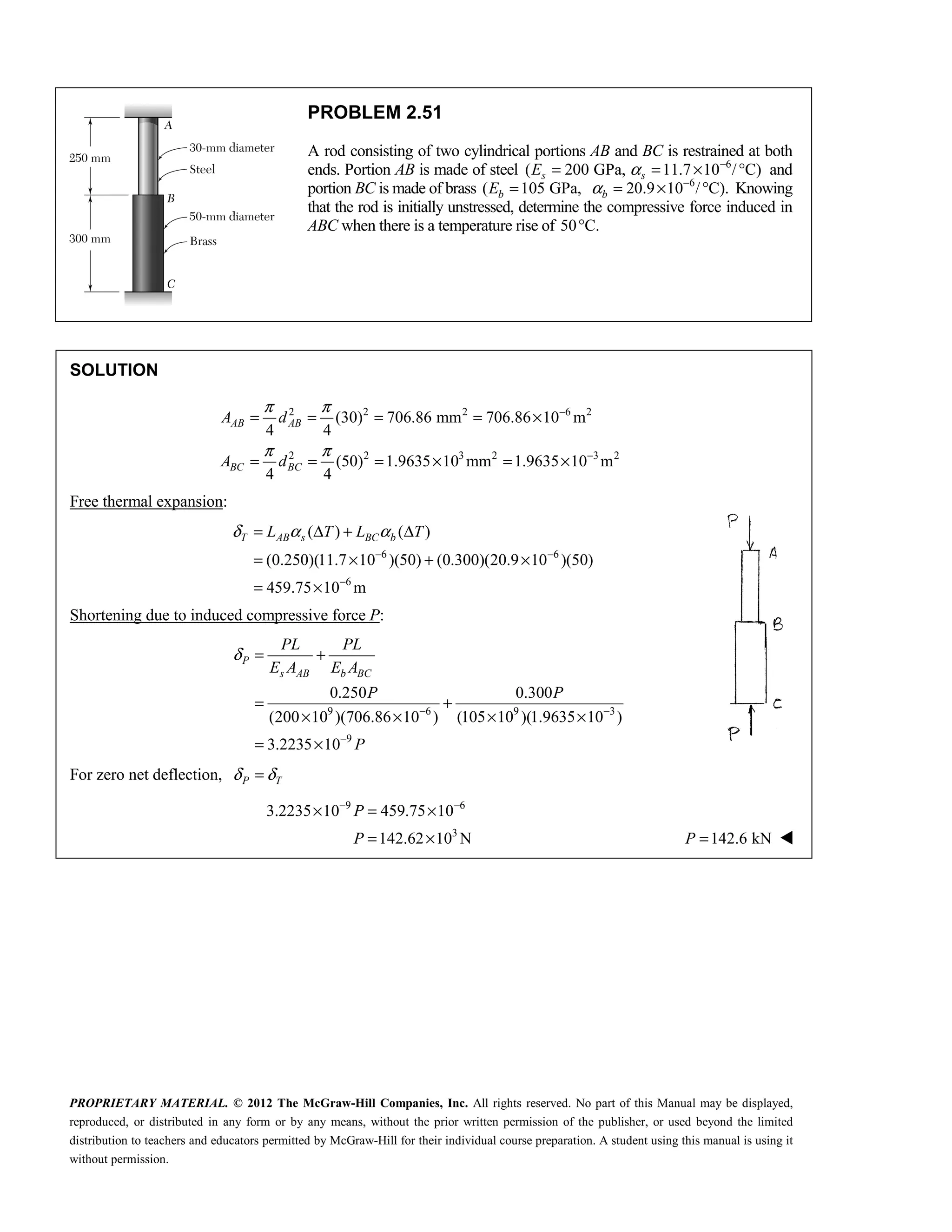 PROPRIETARY MATERIAL. © 2012 The McGraw-Hill Companies, Inc. All rights reserved. No part of this Manual may be displayed,
reproduced, or distributed in any form or by any means, without the prior written permission of the publisher, or used beyond the limited
distribution to teachers and educators permitted by McGraw-Hill for their individual course preparation. A student using this manual is using it
without permission.
PROBLEM 2.51
A rod consisting of two cylindrical portions AB and BC is restrained at both
ends. Portion AB is made of steel ( 200 GPa,
s
E = 6
11.7 10 / C)
s
α −
= × ° and
portion BC is made of brass ( 105 GPa,
b
E = 6
20.9 10 / C).
b
α −
= × ° Knowing
that the rod is initially unstressed, determine the compressive force induced in
ABC when there is a temperature rise of 50 C.
°
SOLUTION
2 2 2 6 2
2 2 3 2 3 2
(30) 706.86 mm 706.86 10 m
4 4
(50) 1.9635 10 mm 1.9635 10 m
4 4
AB AB
BC BC
A d
A d
π π
π π
−
−
= = = = ×
= = = × = ×
Free thermal expansion:
6 6
6
( ) ( )
(0.250)(11.7 10 )(50) (0.300)(20.9 10 )(50)
459.75 10 m
T AB s BC b
L T L T
δ α α
− −
−
= Δ + Δ
= × + ×
= ×
Shortening due to induced compressive force P:
9 6 9 3
9
0.250 0.300
(200 10 )(706.86 10 ) (105 10 )(1.9635 10 )
3.2235 10
P
s AB b BC
PL PL
E A E A
P P
P
δ
− −
−
= +
= +
× × × ×
= ×
For zero net deflection, P T
δ δ
=
9 6
3
3.2235 10 459.75 10
142.62 10 N
P
P
− −
× = ×
= × 142.6 kN
P = 
 