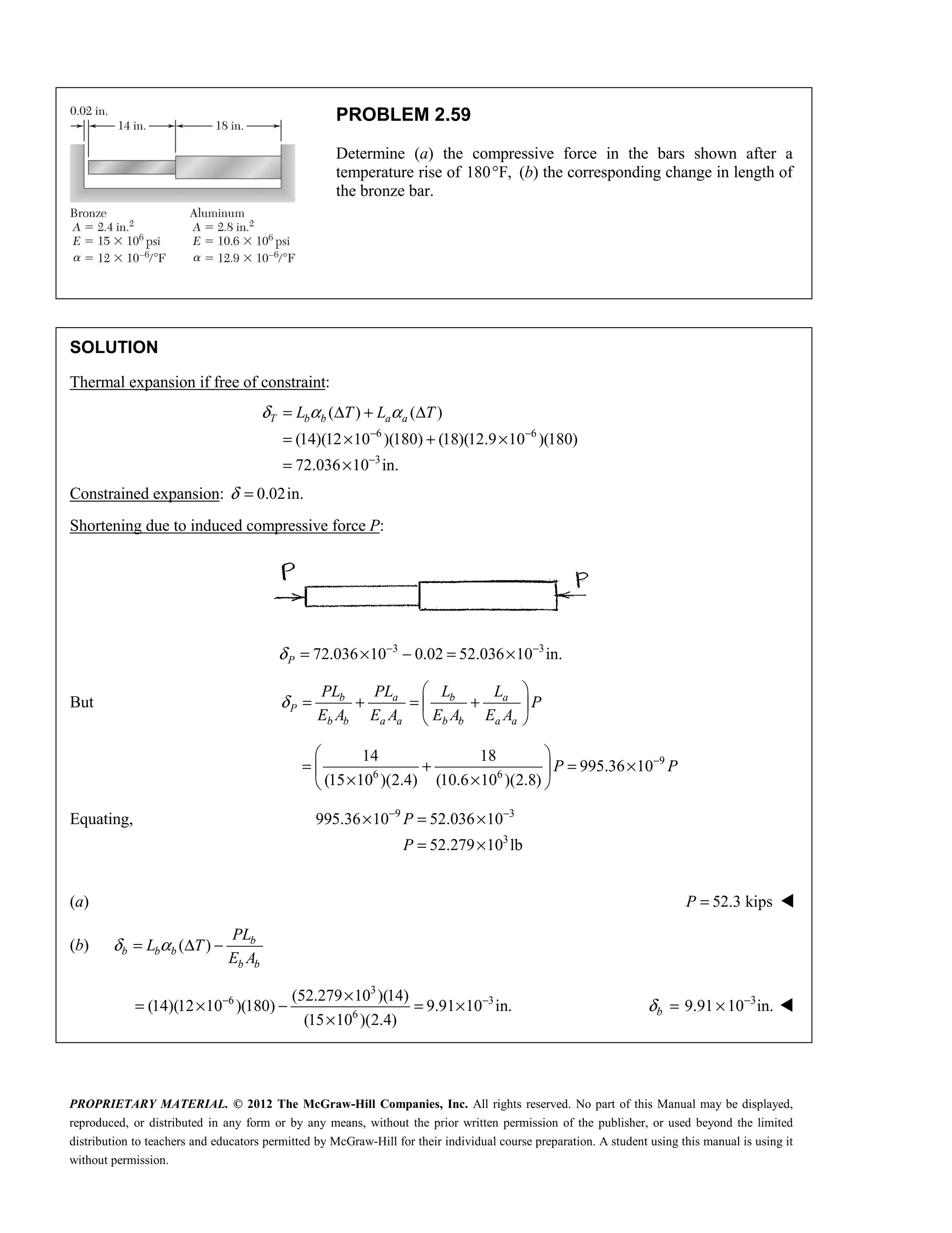 PROPRIETARY MATERIAL. © 2012 The McGraw-Hill Companies, Inc. All rights reserved. No part of this Manual may be displayed,
reproduced, or distributed in any form or by any means, without the prior written permission of the publisher, or used beyond the limited
distribution to teachers and educators permitted by McGraw-Hill for their individual course preparation. A student using this manual is using it
without permission.
PROBLEM 2.59
Determine (a) the compressive force in the bars shown after a
temperature rise of 180 F,
° (b) the corresponding change in length of
the bronze bar.
SOLUTION
Thermal expansion if free of constraint:
6 6
3
( ) ( )
(14)(12 10 )(180) (18)(12.9 10 )(180)
72.036 10 in.
T b b a a
L T L T
δ α α
− −
−
= Δ + Δ
= × + ×
= ×
Constrained expansion: 0.02in.
δ =
Shortening due to induced compressive force P:
3 3
72.036 10 0.02 52.036 10 in.
P
δ − −
= × − = ×
But b a b a
P
b b a a b b a a
PL PL L L
P
E A E A E A E A
δ
 
= + = +
 
 
9
6 6
14 18
995.36 10
(15 10 )(2.4) (10.6 10 )(2.8)
P P
−
 
= + = ×
 
× ×
 
Equating, 9 3
3
995.36 10 52.036 10
52.279 10 lb
P
P
− −
× = ×
= ×
(a) 52.3 kips
P = 
(b) ( ) b
b b b
b b
PL
L T
E A
δ α
= Δ −
3
6 3
6
(52.279 10 )(14)
(14)(12 10 )(180) 9.91 10 in.
(15 10 )(2.4)
− −
×
= × − = ×
×
3
9.91 10 in.
δ −
= ×
b 
 