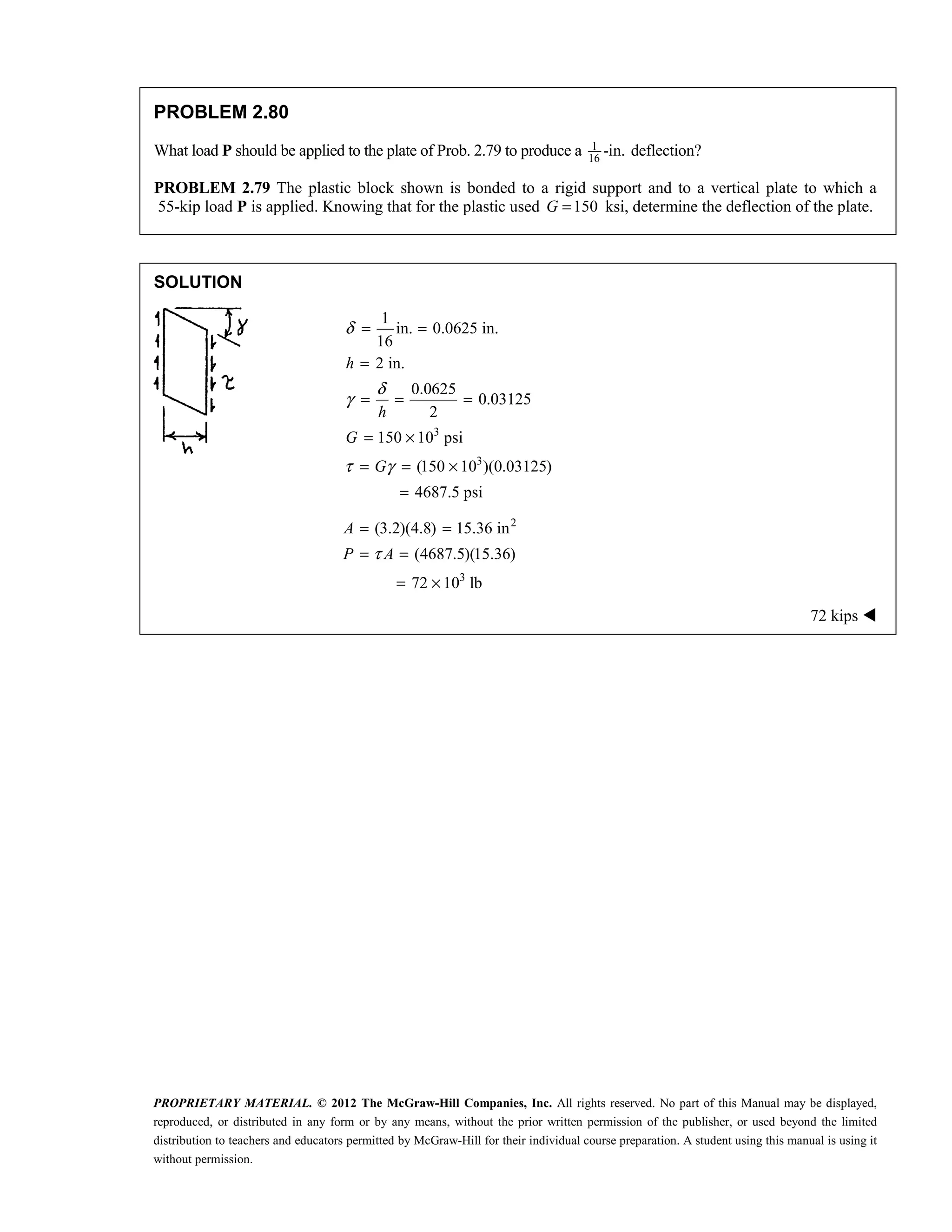PROPRIETARY MATERIAL. © 2012 The McGraw-Hill Companies, Inc. All rights reserved. No part of this Manual may be displayed,
reproduced, or distributed in any form or by any means, without the prior written permission of the publisher, or used beyond the limited
distribution to teachers and educators permitted by McGraw-Hill for their individual course preparation. A student using this manual is using it
without permission.
PROBLEM 2.80
What load P should be applied to the plate of Prob. 2.79 to produce a 1
16
-in. deflection?
PROBLEM 2.79 The plastic block shown is bonded to a rigid support and to a vertical plate to which a
55-kip load P is applied. Knowing that for the plastic used 150
G = ksi, determine the deflection of the plate.
SOLUTION
3
3
1
in. 0.0625 in.
16
2 in.
0.0625
0.03125
2
150 10 psi
(150 10 )(0.03125)
4687.5 psi
h
h
G
G
δ
δ
γ
τ γ
= =
=
= = =
= ×
= = ×
=
2
3
(3.2)(4.8) 15.36 in
(4687.5)(15.36)
72 10 lb
τ
= =
= =
= ×
A
P A
72 kips 
 