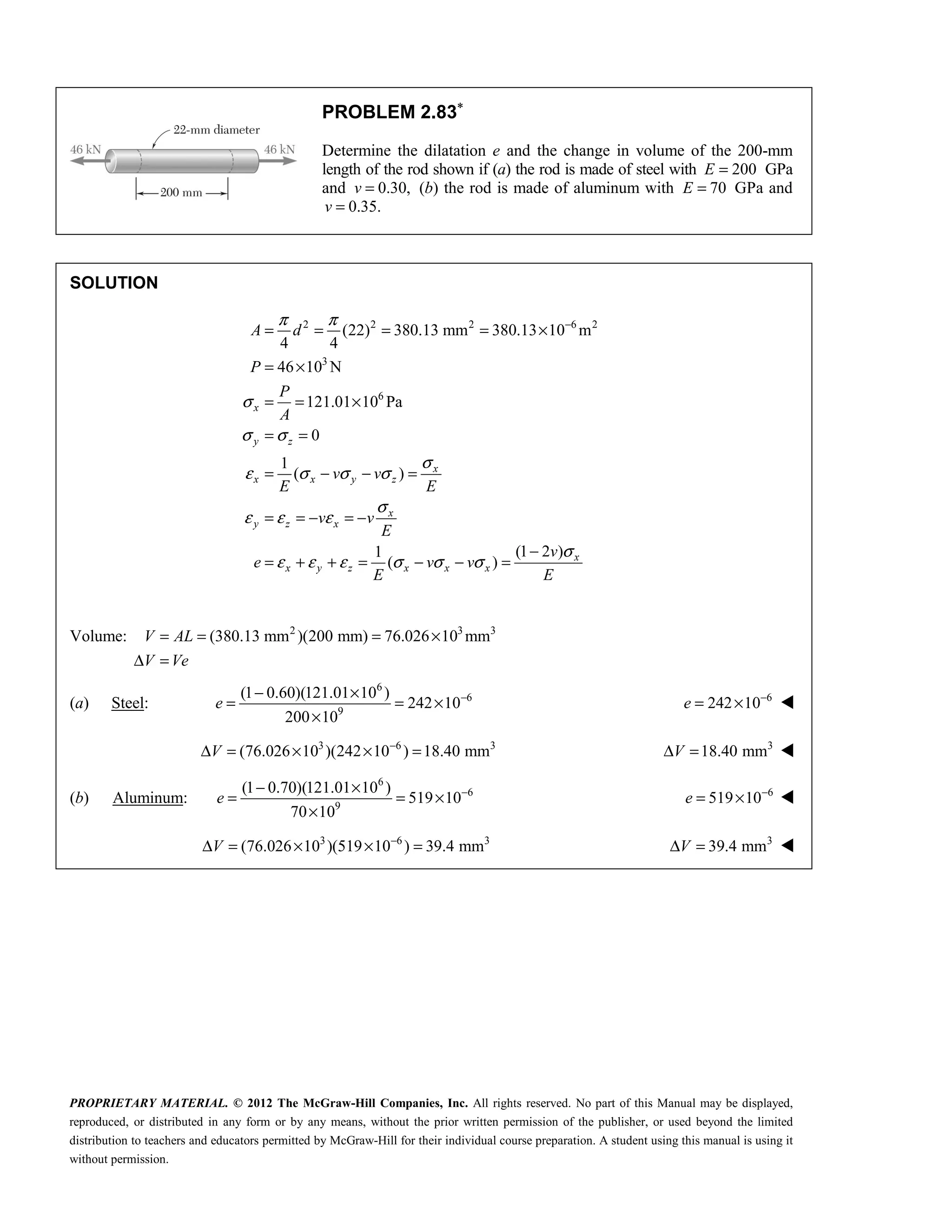 PROPRIETARY MATERIAL. © 2012 The McGraw-Hill Companies, Inc. All rights reserved. No part of this Manual may be displayed,
reproduced, or distributed in any form or by any means, without the prior written permission of the publisher, or used beyond the limited
distribution to teachers and educators permitted by McGraw-Hill for their individual course preparation. A student using this manual is using it
without permission.
PROBLEM 2.83∗
Determine the dilatation e and the change in volume of the 200-mm
length of the rod shown if (a) the rod is made of steel with 200
E = GPa
and 0.30,
v = (b) the rod is made of aluminum with 70
E = GPa and
0.35.
v =
SOLUTION
2 2 2 6 2
3
6
(22) 380.13 mm 380.13 10 m
4 4
46 10 N
121.01 10 Pa
0
1
( )
(1 2 )
1
( )
x
y z
x
x x y z
x
y z x
x
x y z x x x
A d
P
P
A
v v
E E
v v
E
v
e v v
E E
π π
σ
σ σ
σ
ε σ σ σ
σ
ε ε ε
σ
ε ε ε σ σ σ
−
= = = = ×
= ×
= = ×
= =
= − − =
= = − = −
−
= + + = − − =
Volume: 2 3 3
(380.13 mm )(200 mm) 76.026 10 mm
V AL
V Ve
= = = ×
Δ =
(a) Steel:
6
6
9
(1 0.60)(121.01 10 )
242 10
200 10
−
− ×
= = ×
×
e 6
242 10−
= ×
e 
3 6 3
(76.026 10 )(242 10 ) 18.40 mm
−
Δ = × × =
V 3
18.40 mm
Δ =
V 
(b) Aluminum:
6
6
9
(1 0.70)(121.01 10 )
519 10
70 10
−
− ×
= = ×
×
e 6
519 10−
= ×
e 
3 6 3
(76.026 10 )(519 10 ) 39.4 mm
−
Δ = × × =
V 3
39.4 mm
Δ =
V 
 