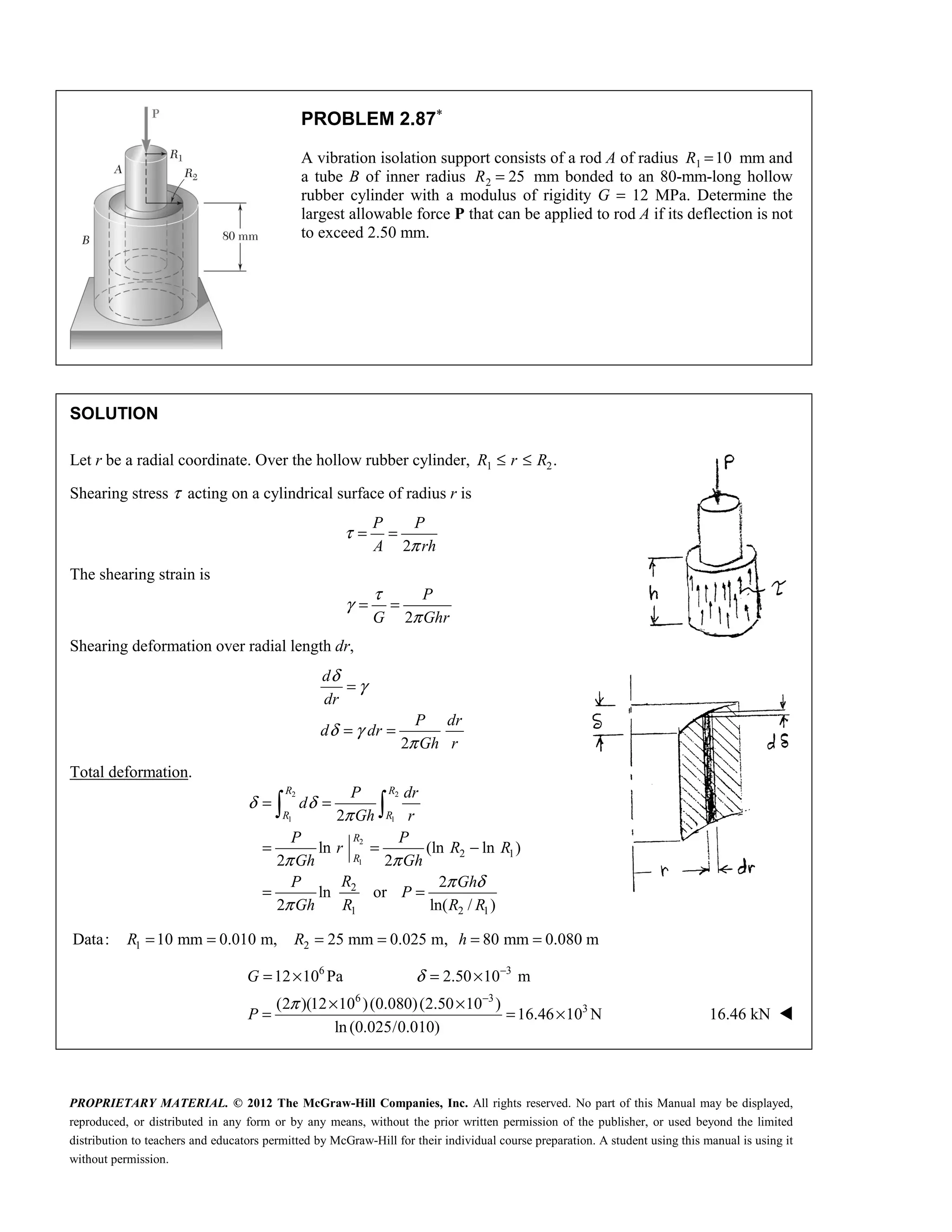 PROPRIETARY MATERIAL. © 2012 The McGraw-Hill Companies, Inc. All rights reserved. No part of this Manual may be displayed,
reproduced, or distributed in any form or by any means, without the prior written permission of the publisher, or used beyond the limited
distribution to teachers and educators permitted by McGraw-Hill for their individual course preparation. A student using this manual is using it
without permission.
PROBLEM 2.87∗
A vibration isolation support consists of a rod A of radius 1 10
R = mm and
a tube B of inner radius 2 25
R = mm bonded to an 80-mm-long hollow
rubber cylinder with a modulus of rigidity G = 12 MPa. Determine the
largest allowable force P that can be applied to rod A if its deflection is not
to exceed 2.50 mm.
SOLUTION
Let r be a radial coordinate. Over the hollow rubber cylinder, 1 2.
R r R
≤ ≤
Shearing stress τ acting on a cylindrical surface of radius r is
2
P P
A rh
τ
π
= =
The shearing strain is
2
P
G Ghr
τ
γ
π
= =
Shearing deformation over radial length dr,
2
d
dr
P dr
d dr
Gh r
δ
γ
δ γ
π
=
= =
Total deformation.
2 2
1 1
2
1
2 1
2
1 2 1
2
ln (ln ln )
2 2
2
ln or
2 ln( / )
R R
R R
R
R
P dr
d
Gh r
P P
r R R
Gh Gh
R
P Gh
P
Gh R R R
δ δ
π
π π
π δ
π
= =
= = −
= =
 
1 2
Data: 10 mm 0.010 m, 25 mm 0.025 m, 80 mm 0.080 m
R R h
= = = = = =
6 3
6 3
3
12 10 Pa 2.50 10 m
(2 )(12 10 )(0.080)(2.50 10 )
16.46 10 N
ln (0.025/0.010)
G
P
δ
π
−
−
= × = ×
× ×
= = × 16.46 kN 
 