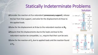 Consider the reaction at B as redundant (unnecessary support), release
the bar from that support, and solve for the displacement at B due to
the applied loads.
Solve for the displacement at B due to the redundant reaction at RB.
Require that the displacements due to the loads and due to the
redundant reaction be compatible, i.e., require that their sum be zero.
Solve for the reaction at RA due to applied loads and the reaction found
at RB.
17
Statically Indeterminate Problems
Solution
 