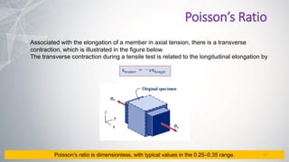 Poisson’s Ratio
Associated with the elongation of a member in axial tension, there is a transverse
contraction, which is illustrated in the figure below.
The transverse contraction during a tensile test is related to the longitudinal elongation by
Poisson’s ratio is dimensionless, with typical values in the 0.25–0.35 range. 22
 