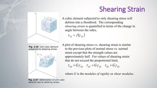 2 - 24
 
xy
xy f 
 
zx
zx
yz
yz
xy
xy G
G
G 




 


where G is the modulus of rigidity or shear modulus.
Fig. 2.36 Unit cubic element
subjected to shearing stress.
Fig. 2.37 Deformation of unit cubic
element due to shearing stress.
A cubic element subjected to only shearing stress will
deform into a rhomboid. The corresponding
shearing strain is quantified in terms of the change in
angle between the sides,
A plot of shearing stress vs. shearing strain is similar
to the previous plots of normal stress vs. normal
strain except that the strength values are
approximately half. For values of shearing strain
that do not exceed the proportional limit,
Shearing Strain
 