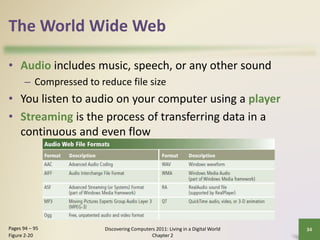 The World Wide Web
• Audio includes music, speech, or any other sound
– Compressed to reduce file size
• You listen to aud...