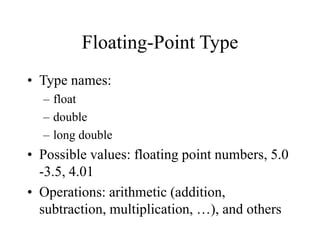 Floating-Point Type
• Type names:
– float
– double
– long double
• Possible values: floating point numbers, 5.0
-3.5, 4.01
• Operations: arithmetic (addition,
subtraction, multiplication, …), and others
 