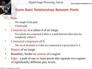 Digital Image Processing, 2nd ed. www.imageprocessingbook.com
© 2002 R. C. Gonzalez & R. E. Woods
Some Basic Relationships Between Pixels
• Path:
– The length of the path
– Closed path
• Connectivity in a subset S of an image
– Two pixels are connected if there is a path between them that lies
completely within S.
• Connected component of S:
– The set of all pixels in S that are connected to a given pixel in S.
• Region of an image
• Boundary, border or contour of a region
• Edge: a path of one or more pixels that separate two regions
of significantly different gray levels.
 