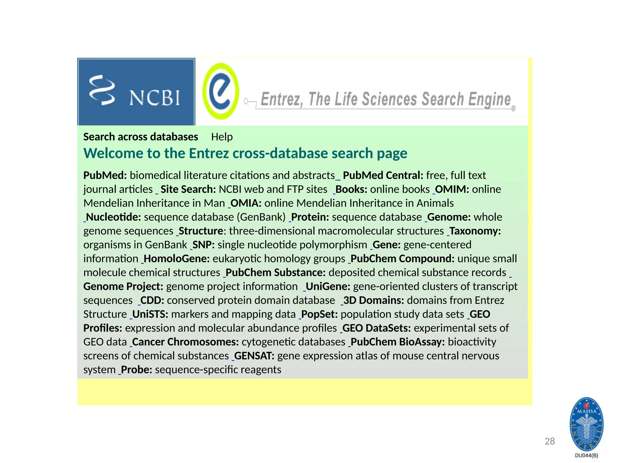 28
Search across databases Help
Welcome to the Entrez cross-database search page
PubMed: biomedical literature citations and abstracts PubMed Central: free, full text
journal articles Site Search: NCBI web and FTP sites Books: online books OMIM: online
Mendelian Inheritance in Man OMIA: online Mendelian Inheritance in Animals
Nucleotide: sequence database (GenBank) Protein: sequence database Genome: whole
genome sequences Structure: three-dimensional macromolecular structures Taxonomy:
organisms in GenBank SNP: single nucleotide polymorphism Gene: gene-centered
information HomoloGene: eukaryotic homology groups PubChem Compound: unique small
molecule chemical structures PubChem Substance: deposited chemical substance records
Genome Project: genome project information UniGene: gene-oriented clusters of transcript
sequences CDD: conserved protein domain database 3D Domains: domains from Entrez
Structure UniSTS: markers and mapping data PopSet: population study data sets GEO
Profiles: expression and molecular abundance profiles GEO DataSets: experimental sets of
GEO data Cancer Chromosomes: cytogenetic databases PubChem BioAssay: bioactivity
screens of chemical substances GENSAT: gene expression atlas of mouse central nervous
system Probe: sequence-specific reagents
 