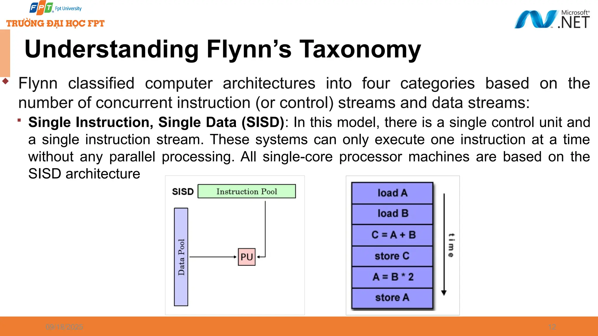 09/18/2025 12 Understanding Flynn’s Taxonomy  Flynn classified computer architectures into four categories based on the number of concurrent instruction (or control) streams and data streams:  Single Instruction, Single Data (SISD): In this model, there is a single control unit and a single instruction stream. These systems can only execute one instruction at a time without any parallel processing. All single-core processor machines are based on the SISD architecture 