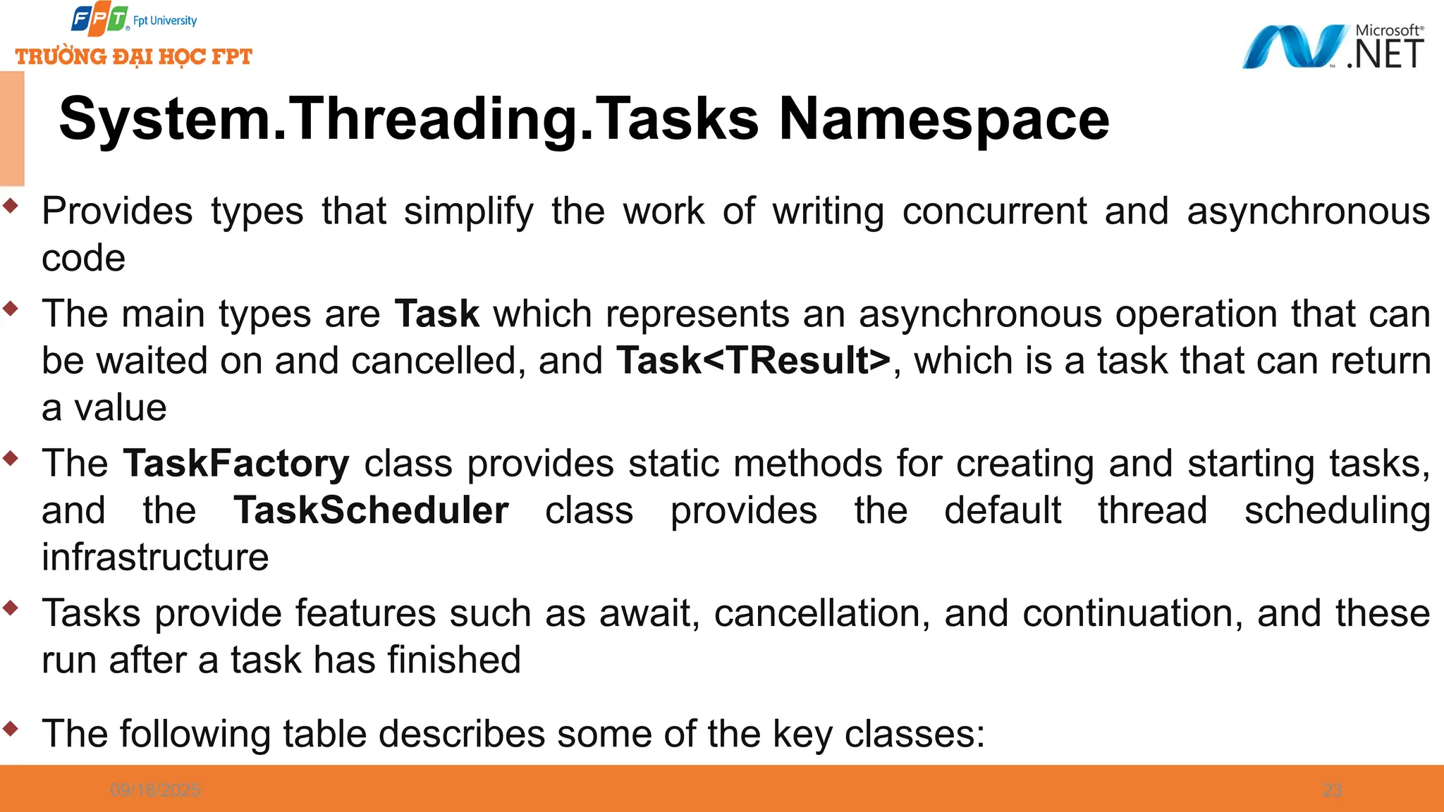 09/18/2025 23 System.Threading.Tasks Namespace  Provides types that simplify the work of writing concurrent and asynchronous code  The main types are Task which represents an asynchronous operation that can be waited on and cancelled, and Task<TResult>, which is a task that can return a value  The TaskFactory class provides static methods for creating and starting tasks, and the TaskScheduler class provides the default thread scheduling infrastructure  Tasks provide features such as await, cancellation, and continuation, and these run after a task has finished  The following table describes some of the key classes: 