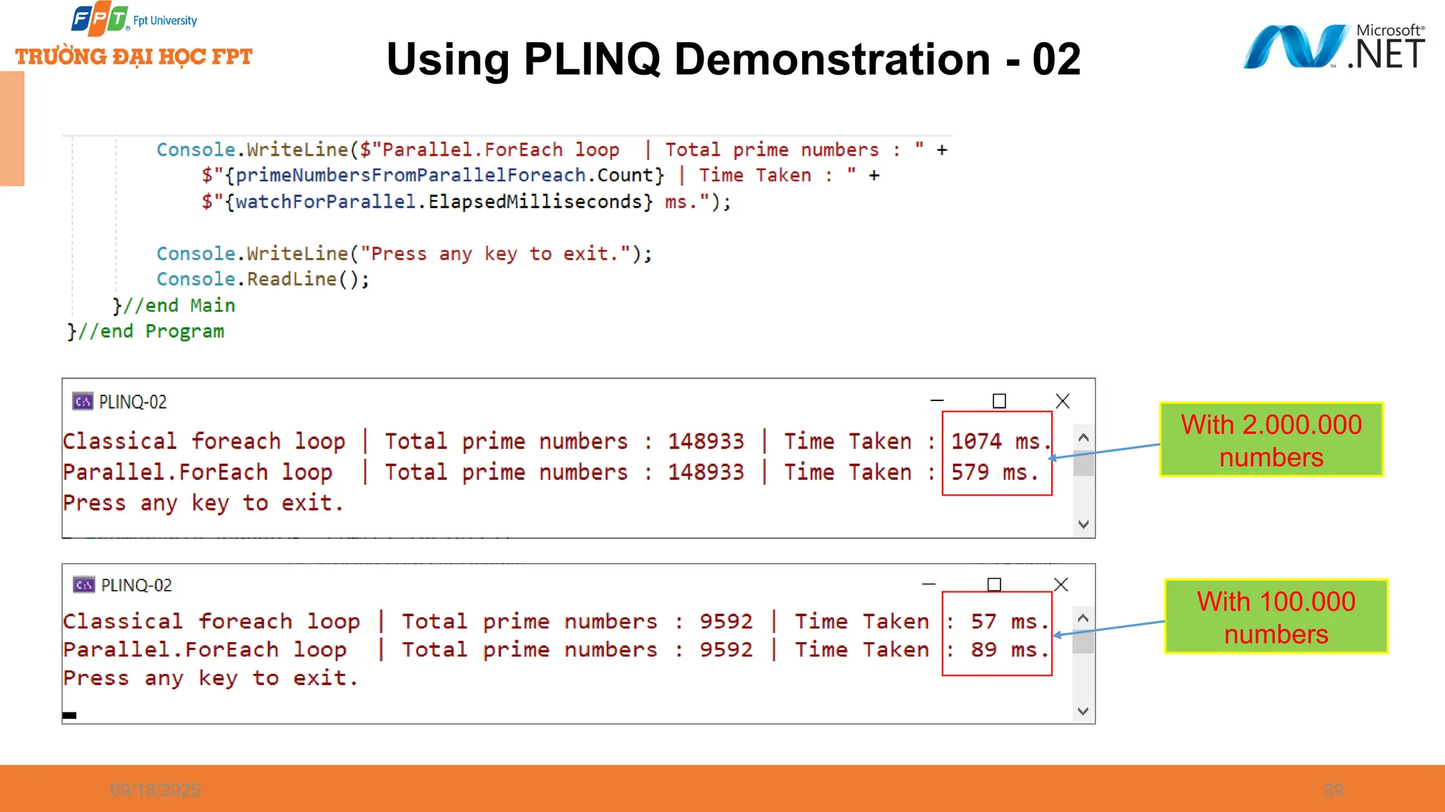 09/18/2025 39 Using PLINQ Demonstration - 02 With 2.000.000 numbers With 100.000 numbers 