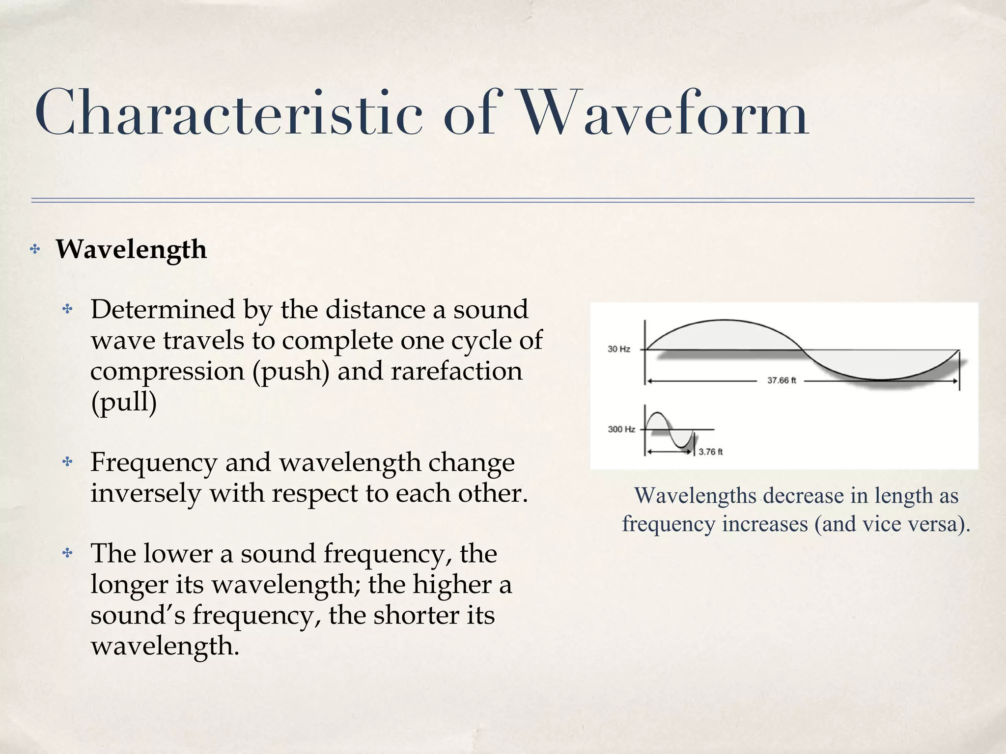 Characteristic of Waveform Wavelength Determined by the distance a sound wave travels to complete one cycle of compression (push) and rarefaction (pull) Frequency and wavelength change inversely with respect to each other. The lower a sound frequency, the longer its wavelength; the higher a sound’s frequency, the shorter its wavelength. Wavelengths decrease in length as frequency increases (and vice versa). 