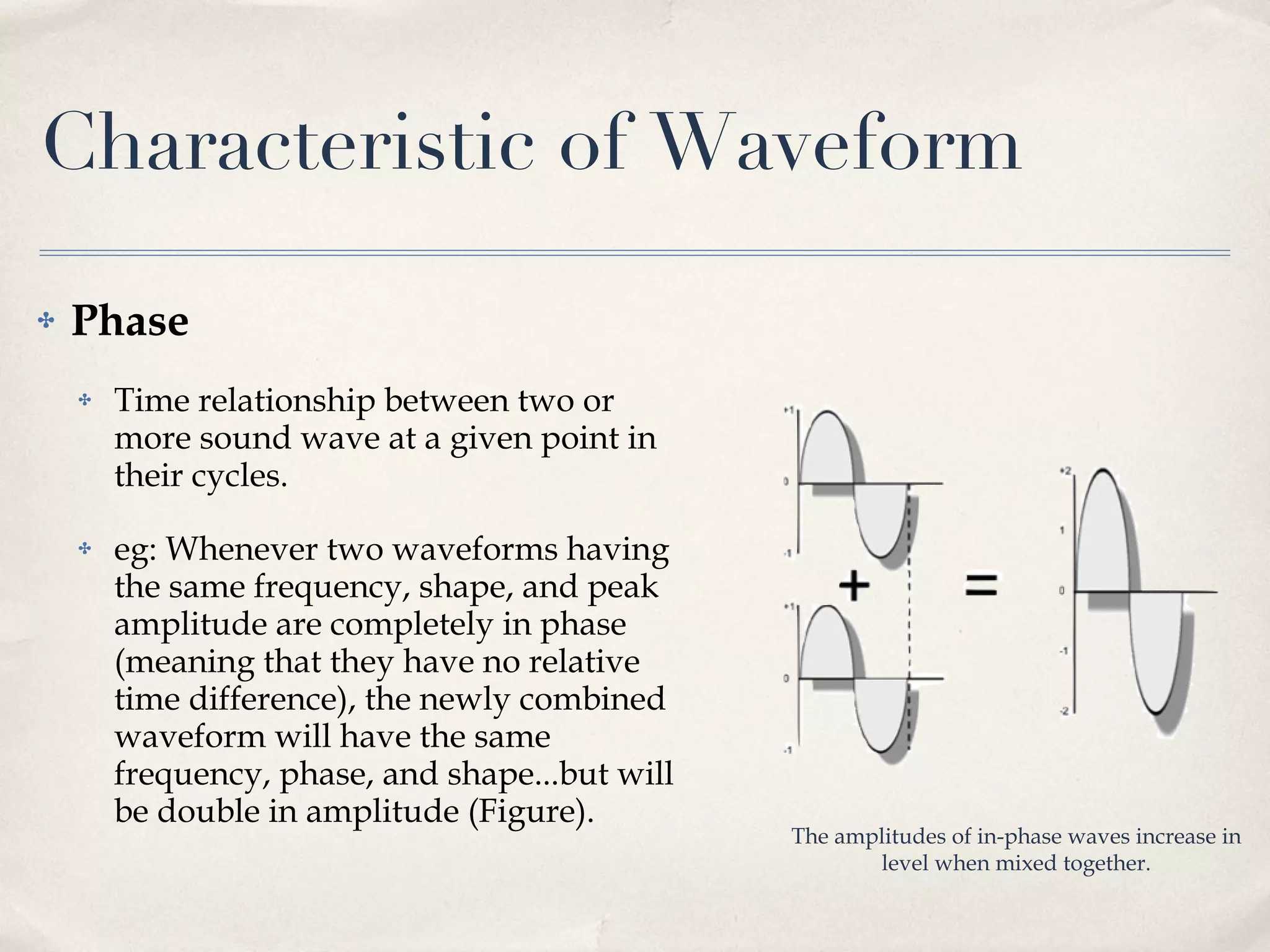 Characteristic of Waveform Phase Time relationship between two or more sound wave at a given point in their cycles. eg:  Whenever two waveforms having the same frequency, shape, and peak amplitude are completely in phase (meaning that they have no relative time difference), the newly combined waveform will have the same frequency, phase, and shape...but will be double in amplitude (Figure). The amplitudes of in-phase waves increase in level when mixed together. 