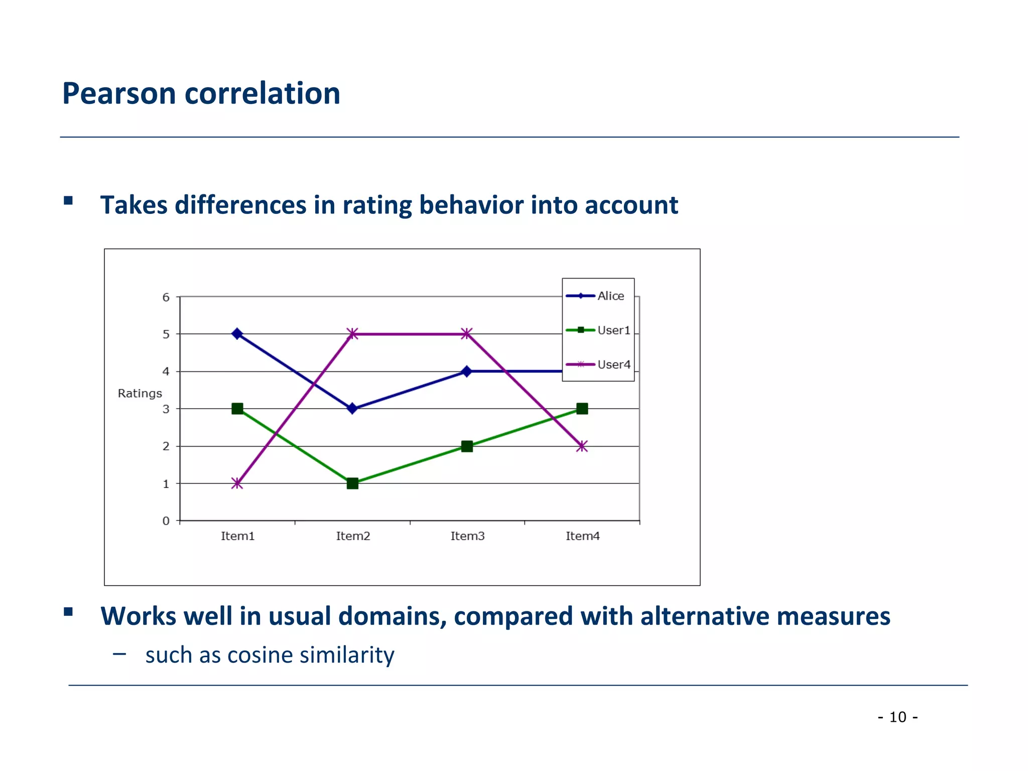 - 10 -
Pearson correlation
 Takes differences in rating behavior into account
 Works well in usual domains, compared with alternative measures
– such as cosine similarity
 
