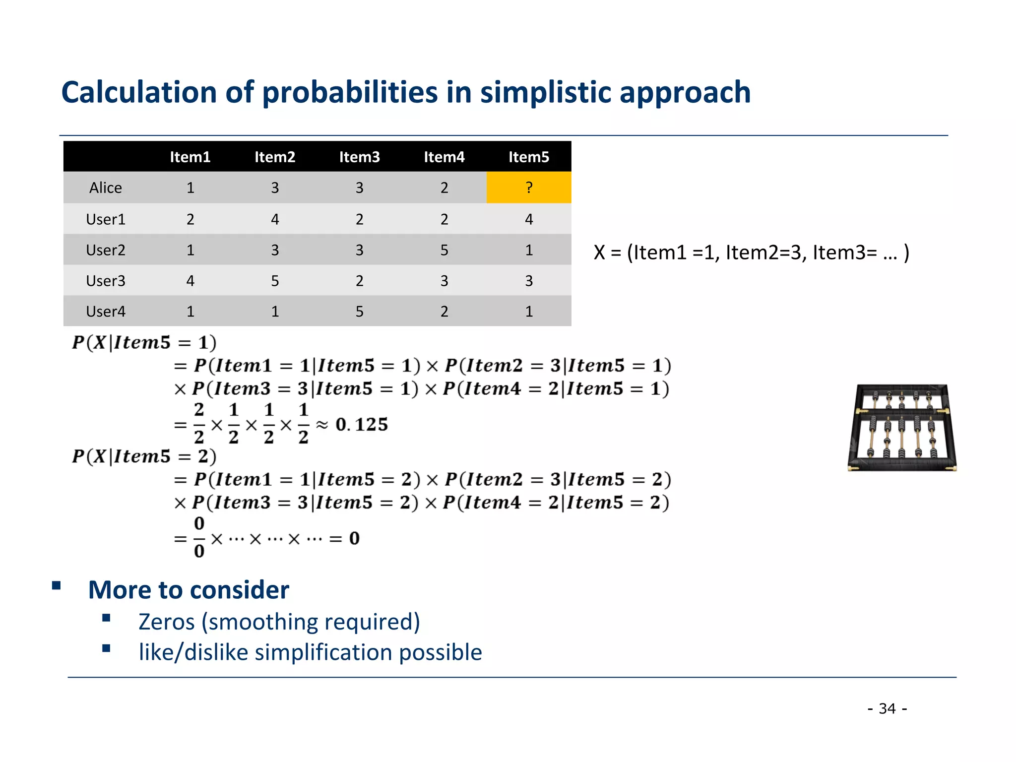 - 34 -
Calculation of probabilities in simplistic approach
Item1 Item2 Item3 Item4 Item5
Alice 1 3 3 2 ?
User1 2 4 2 2 4
User2 1 3 3 5 1
User3 4 5 2 3 3
User4 1 1 5 2 1
 More to consider
 Zeros (smoothing required)
 like/dislike simplification possible
X = (Item1 =1, Item2=3, Item3= … )
 