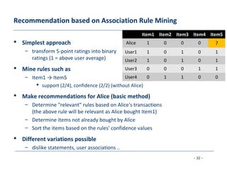 - 32 -
Recommendation based on Association Rule Mining
 Simplest approach
– transform 5-point ratings into binary
ratings (1 = above user average)
 Mine rules such as
– Item1 → Item5
 support (2/4), confidence (2/2) (without Alice)
 Make recommendations for Alice (basic method)
– Determine "relevant" rules based on Alice's transactions
(the above rule will be relevant as Alice bought Item1)
– Determine items not already bought by Alice
– Sort the items based on the rules' confidence values
 Different variations possible
– dislike statements, user associations ..
Item1 Item2 Item3 Item4 Item5
Alice 1 0 0 0 ?
User1 1 0 1 0 1
User2 1 0 1 0 1
User3 0 0 0 1 1
User4 0 1 1 0 0
 
