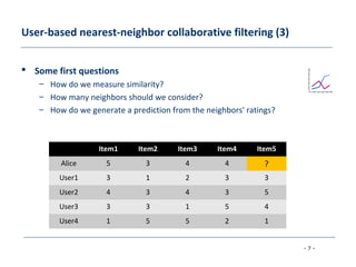 - 7 -
User-based nearest-neighbor collaborative filtering (3)
 Some first questions
– How do we measure similarity?
– How many neighbors should we consider?
– How do we generate a prediction from the neighbors' ratings?
Item1 Item2 Item3 Item4 Item5
Alice 5 3 4 4 ?
User1 3 1 2 3 3
User2 4 3 4 3 5
User3 3 3 1 5 4
User4 1 5 5 2 1
 