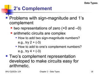 2’s Complement Problems with sign-magnitude and 1’s complement two representations of zero (+0 and –0) arithmetic circuits are complex How to add two sign-magnitude numbers? e.g., try 2 + (-3) How to add to one’s complement numbers?  e.g., try 4 + (-3) Two’s complement representation developed to make circuits easy for arithmetic. Data Types 
