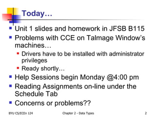 Today… Unit 1 slides and homework in JFSB B115 Problems with CCE on Talmage Window’s machines… Drivers have to be installed with administrator privileges Ready shortly… Help Sessions begin Monday @4:00 pm Reading Assignments on-line under the Schedule Tab Concerns or problems?? 