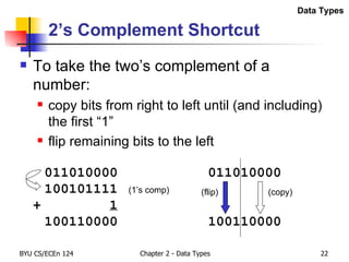 2’s Complement Shortcut To take the two’s complement of a number: copy bits from right to left until (and including) the first “1” flip remaining bits to the left 011010000 011010000 100101111 (1’s comp) + 1 100110000 100110000 (copy) (flip) Data Types 