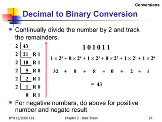 Continually divide the number by 2 and track the remainders. Decimal to Binary Conversion 1     2 5  + 0     2 4  + 1     2 3  + 0     2 2  + 1     2 1  + 1     2 0  32  +  0  +  8  +  0  +  2  +  1 =  43 43 For negative numbers, do above for positive number and negate result Conversions 2 2 2 2 2 2 5  R 0 0  2  R 1 1  21  R 1 1  10  R 1 1  1  R 0 0  0  R 1 1  