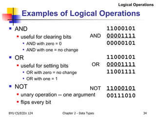 Examples of Logical Operations AND useful for clearing bits AND with zero = 0 AND with one = no change OR useful for setting bits OR with zero = no change OR with one = 1 NOT unary operation -- one argument flips every bit 11000101 AND 00001111 00000101 11000101 OR 00001111 11001111 NOT 11000101 00111010 Logical Operations 