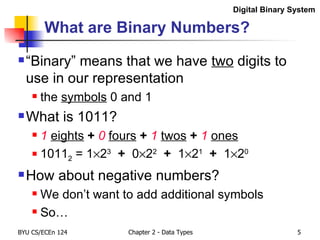 What are Binary Numbers? “Binary” means that we have  two  digits to use in our representation the  symbols  0 and 1 What is 1011? 1   eights   +   0   fours   +  1   twos   +  1   ones 1011 2  = 1  2 3   +  0  2 2   +  1  2 1   +  1  2 0 How about negative numbers? We don’t want to add additional symbols So… Digital Binary System 