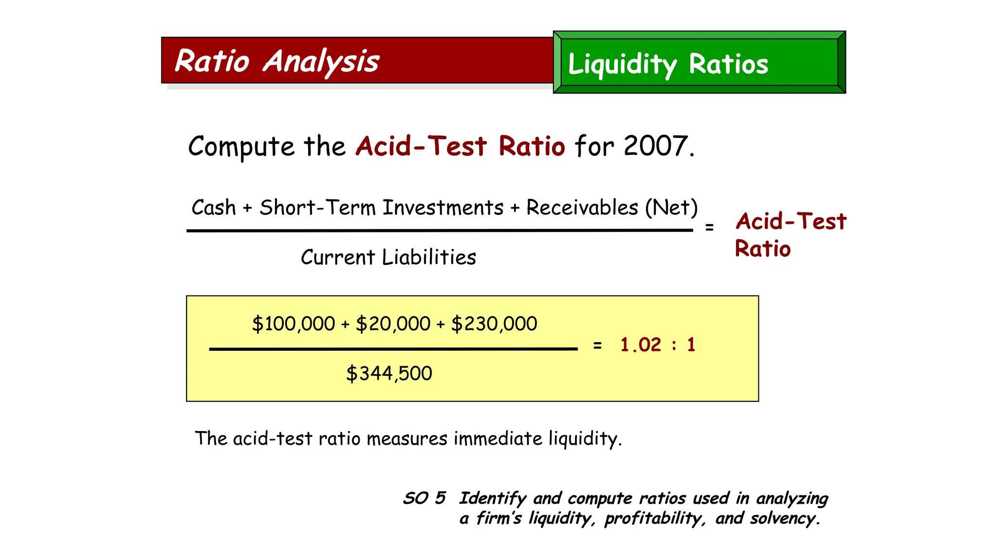 SO 5 Identify and compute ratios used in analyzing
a firm’s liquidity, profitability, and solvency.
Ratio Analysis
Compute the Acid-Test Ratio for 2007.
The acid-test ratio measures immediate liquidity.
Cash + Short-Term Investments + Receivables (Net)
Current Liabilities
Acid-Test
Ratio
$100,000 + $20,000 + $230,000
$344,500
= 1.02 : 1
=
Liquidity Ratios
 