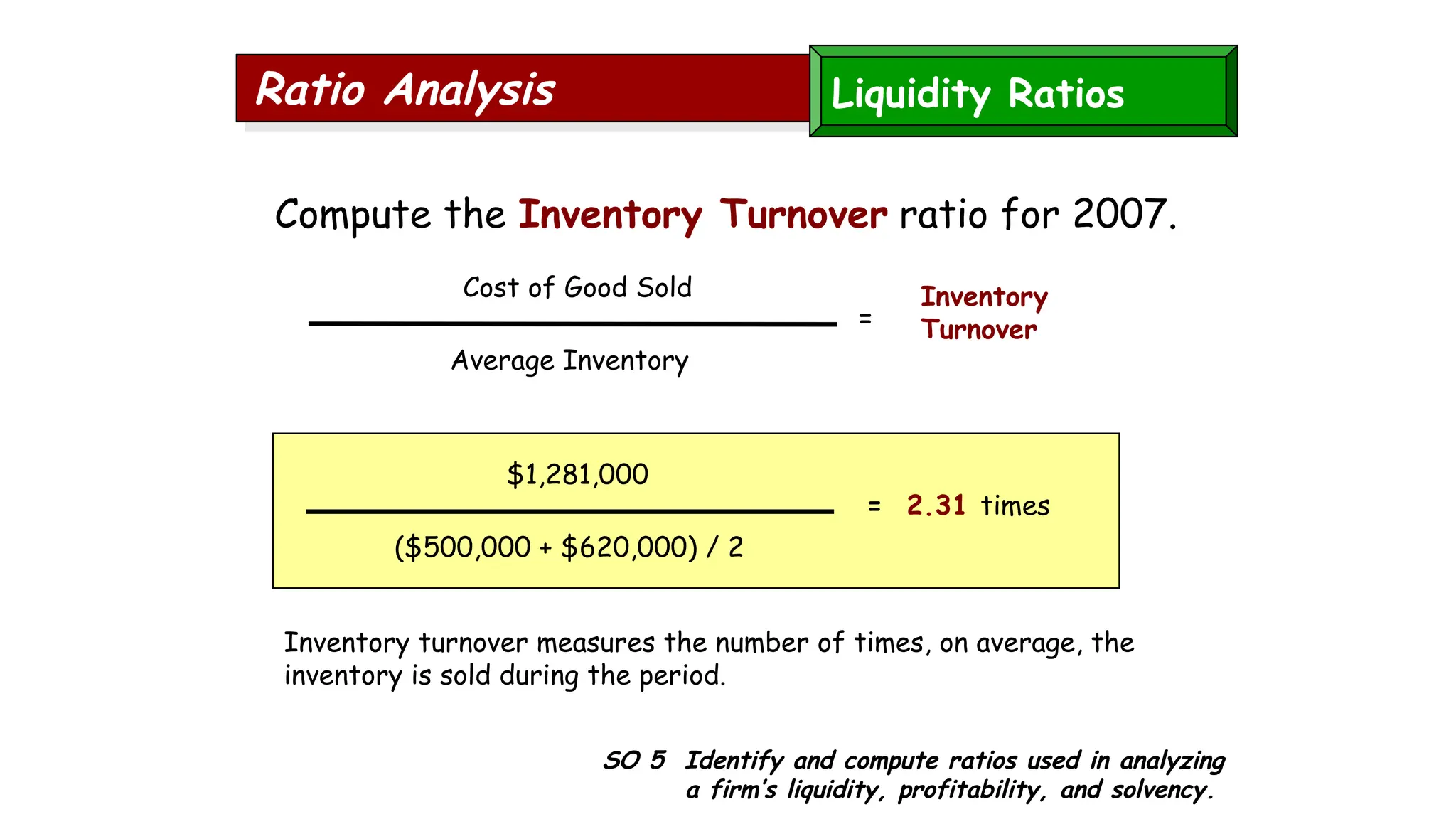 SO 5 Identify and compute ratios used in analyzing
a firm’s liquidity, profitability, and solvency.
Ratio Analysis
Compute the Inventory Turnover ratio for 2007.
Inventory turnover measures the number of times, on average, the
inventory is sold during the period.
$1,281,000
($500,000 + $620,000) / 2
= 2.31 times
Cost of Good Sold
Average Inventory
Inventory
Turnover
=
Liquidity Ratios
 