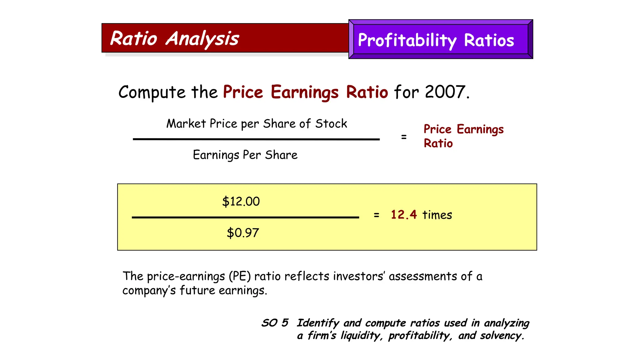 SO 5 Identify and compute ratios used in analyzing
a firm’s liquidity, profitability, and solvency.
Ratio Analysis
Compute the Price Earnings Ratio for 2007.
The price-earnings (PE) ratio reflects investors’ assessments of a
company’s future earnings.
$12.00
$0.97
= 12.4 times
Market Price per Share of Stock
Earnings Per Share
Price Earnings
Ratio
=
Profitability Ratios
 