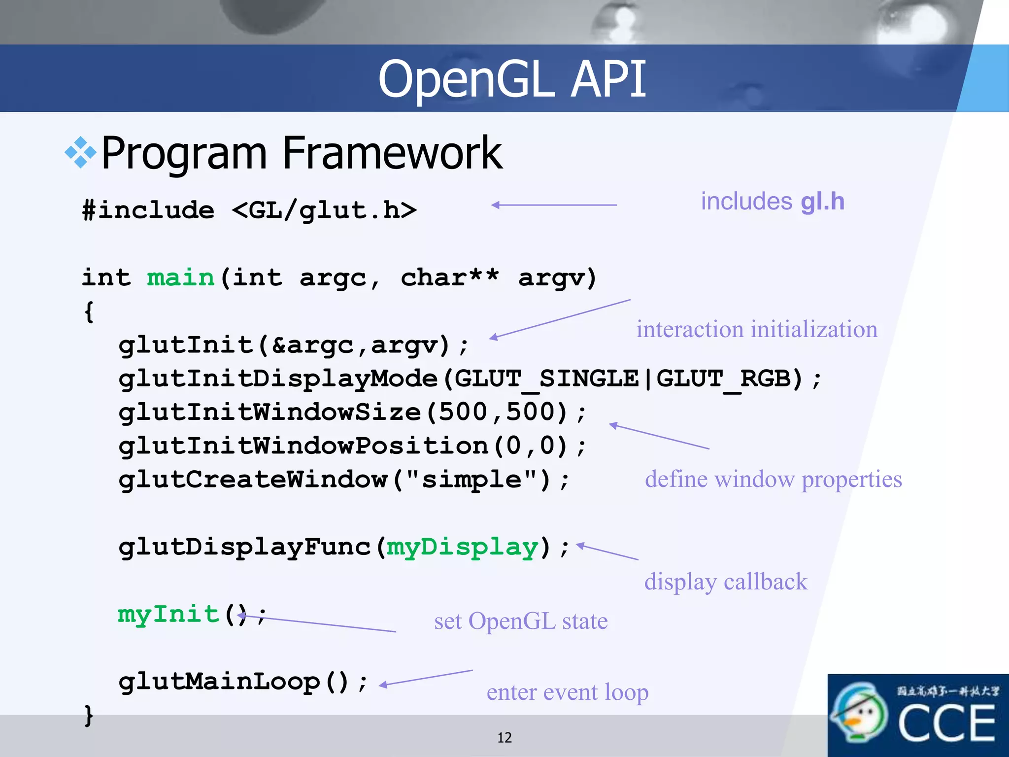 OpenGL API
Program Framework
#include <GL/glut.h>
int main(int argc, char** argv)
{
glutInit(&argc,argv);
glutInitDisplayMode(GLUT_SINGLE|GLUT_RGB);
glutInitWindowSize(500,500);
glutInitWindowPosition(0,0);
glutCreateWindow("simple");
glutDisplayFunc(myDisplay);
myInit();
glutMainLoop();
}
includes gl.h
define window properties
set OpenGL state
enter event loop
display callback
interaction initialization
12
 