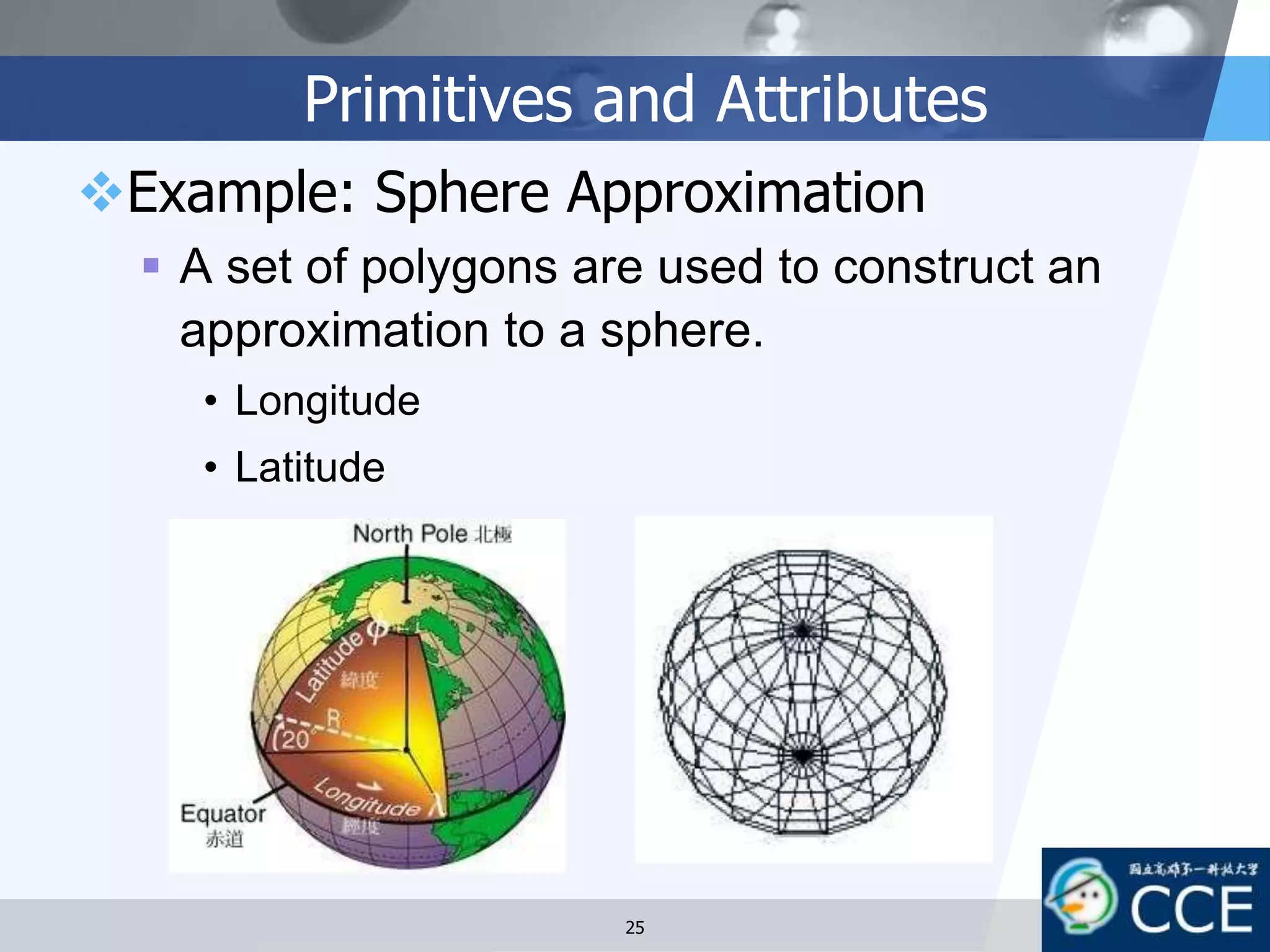 Primitives and Attributes
Example: Sphere Approximation
 A set of polygons are used to construct an
approximation to a sphere.
• Longitude
• Latitude
25
 
