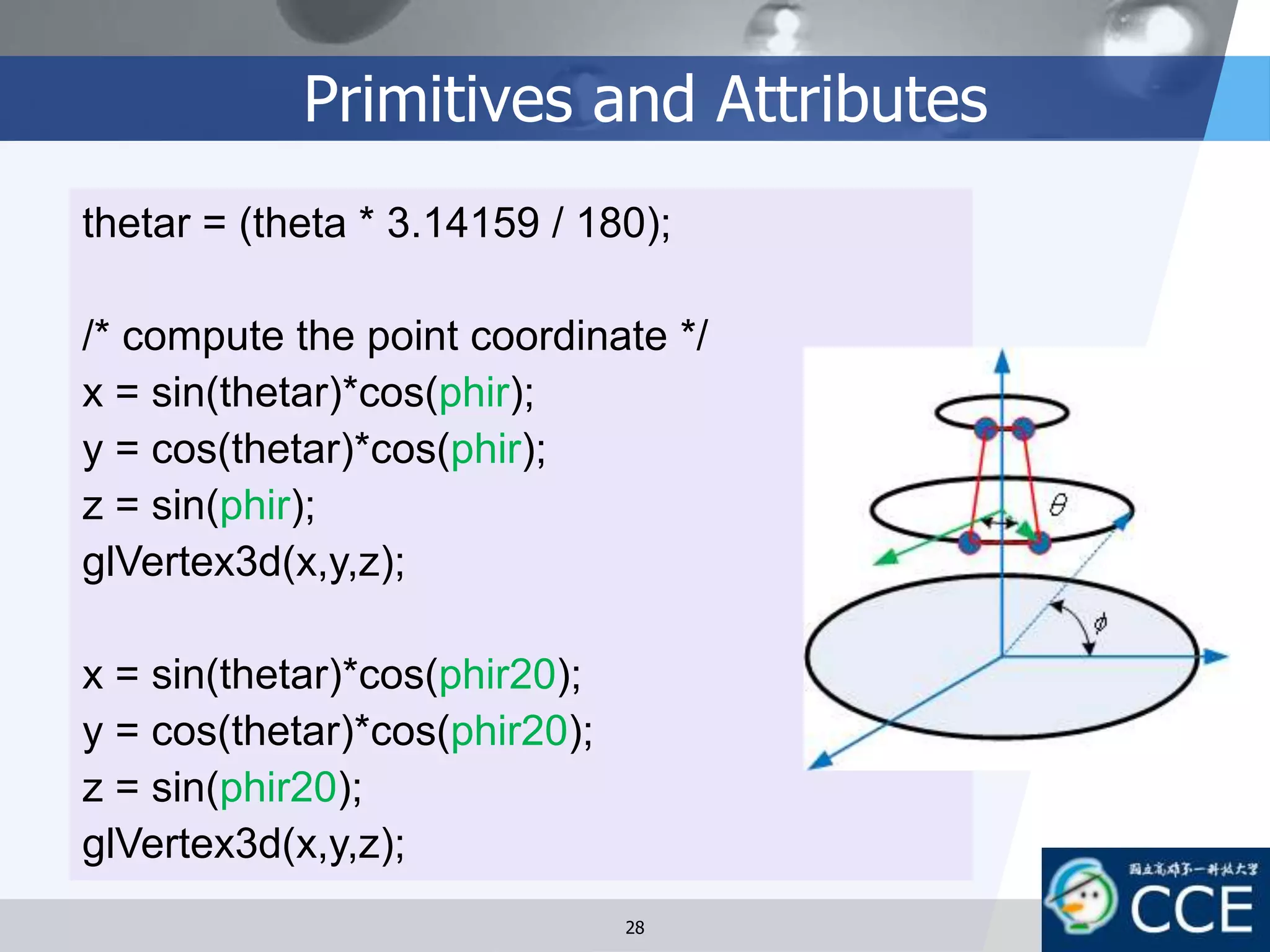 Primitives and Attributes
thetar = (theta * 3.14159 / 180);
/* compute the point coordinate */
x = sin(thetar)*cos(phir);
y = cos(thetar)*cos(phir);
z = sin(phir);
glVertex3d(x,y,z);
x = sin(thetar)*cos(phir20);
y = cos(thetar)*cos(phir20);
z = sin(phir20);
glVertex3d(x,y,z);
28
 