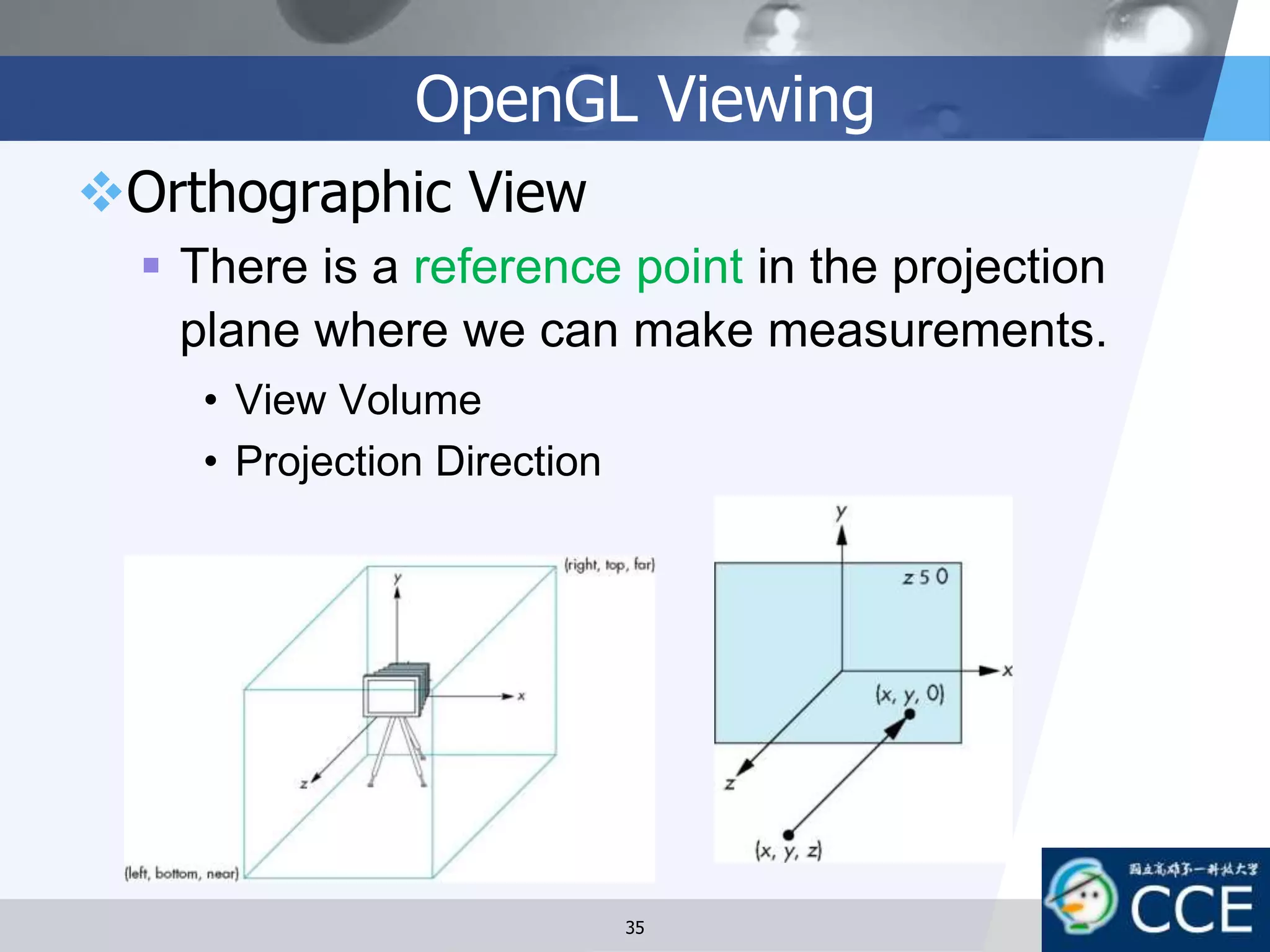 OpenGL Viewing
Orthographic View
 There is a reference point in the projection
plane where we can make measurements.
• View Volume
• Projection Direction
35
 
