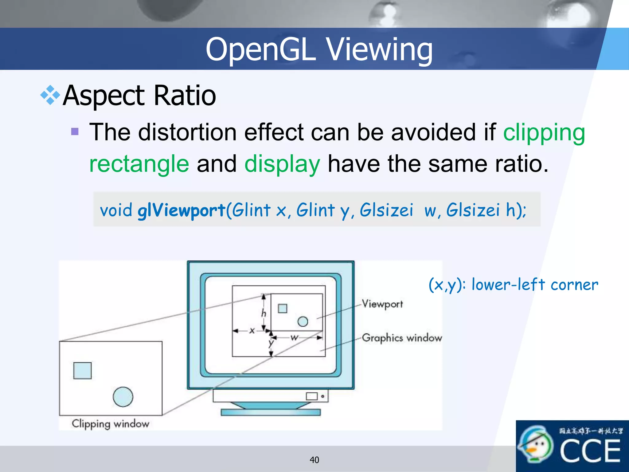 OpenGL Viewing
Aspect Ratio
 The distortion effect can be avoided if clipping
rectangle and display have the same ratio.
void glViewport(Glint x, Glint y, Glsizei w, Glsizei h);
40
(x,y): lower-left corner
 